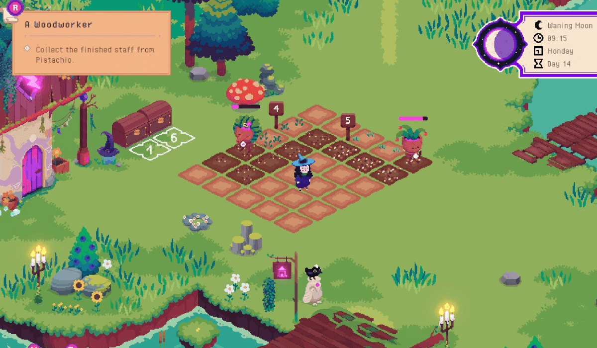 A pixel art scene depicting a witch standing in a plot of tilled earth outside her cottage. Two animated plant pots water plants around her.