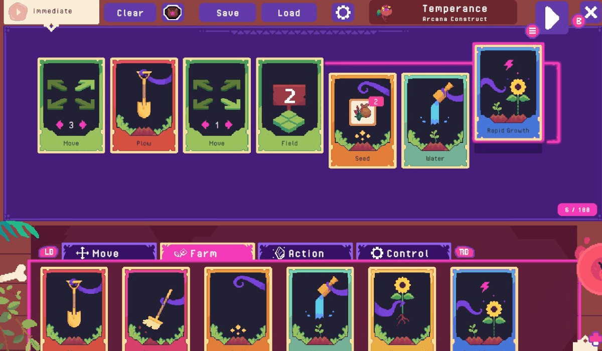 A pixel art scene depicting a spread of cards. Each card has a gardening command on it which forms a sequence of actions.