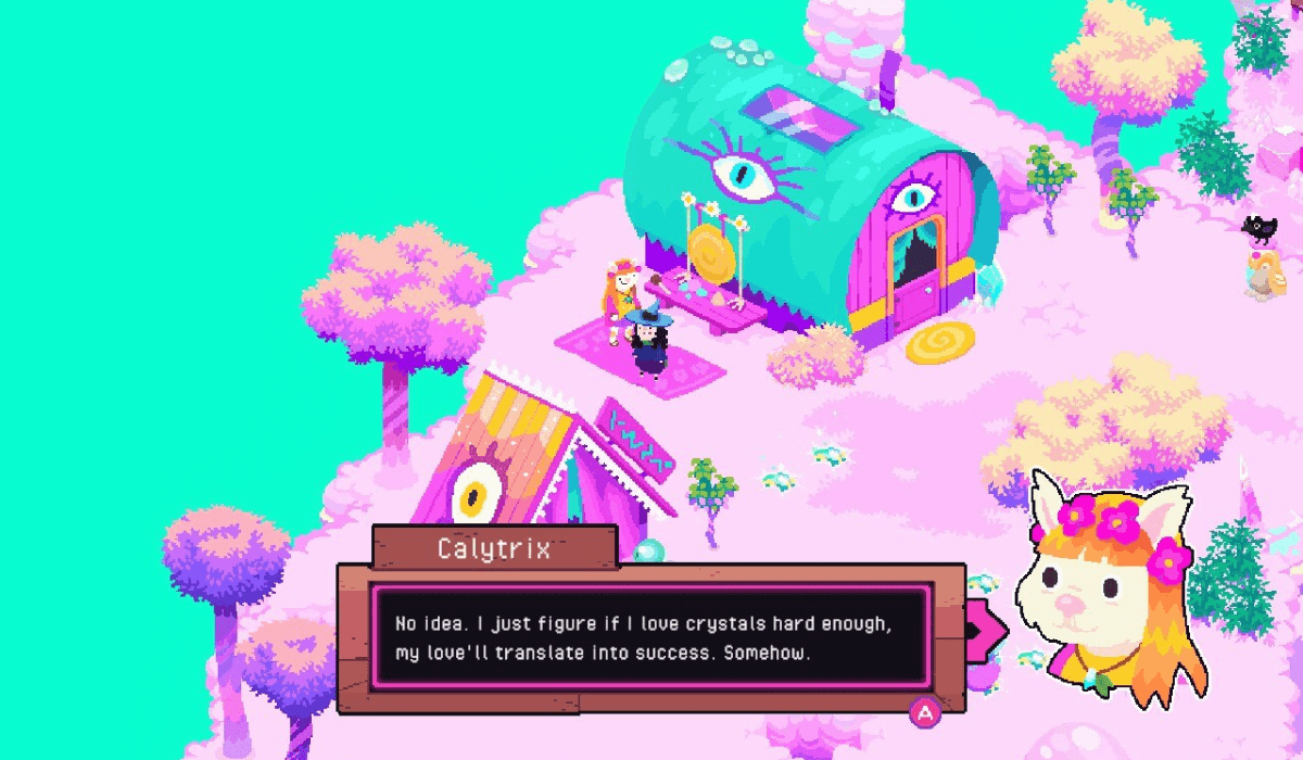 A pixel art scene depicting two characters talking in a field of pink ground by a mint green river. A portrait of a cat with ginger hair and a flower crown is next to a text box which reads: "No idea. I just figure if I love crystals hard enough, my love'll translate into success. Somehow."