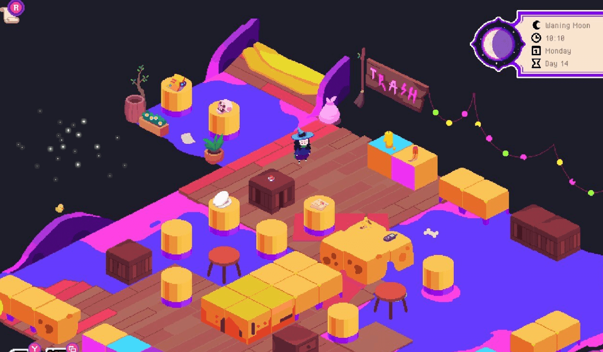 A pixel art scene depicting a witch walking around a museum dedicated to "Trash". Exhibits are displayed on orange tables.