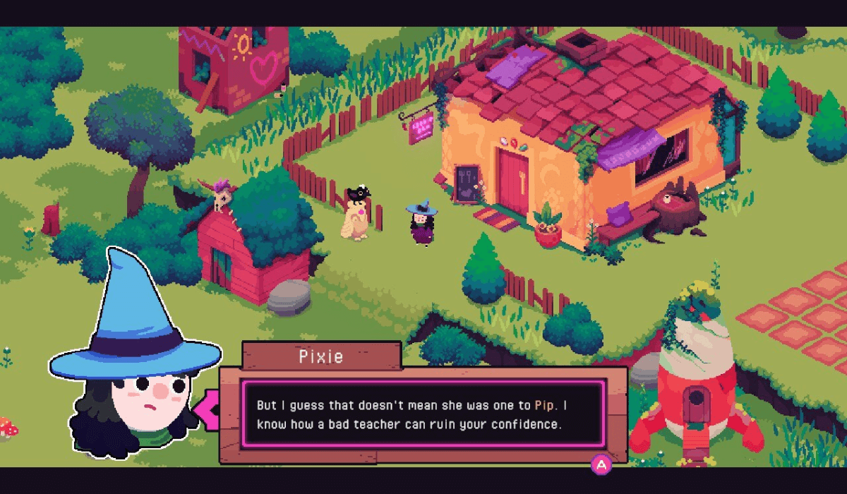 A pixel art scene depicting a witch standing outside a village cafe talking to her raven familiar. A text box reads: "But I guess that doesn't mean she was one to Pip. I know how a bad teacher can ruin your confidence."