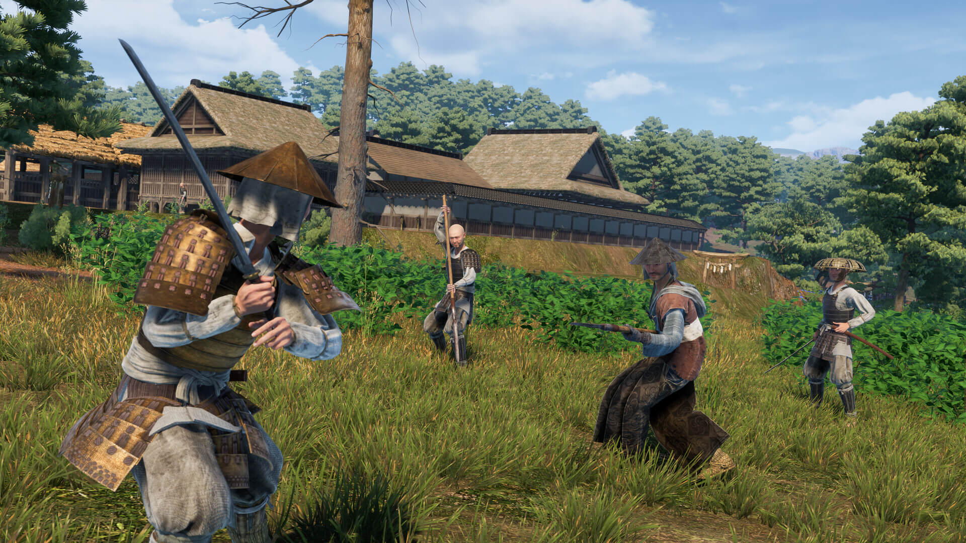 Screenshot from Sengoku Dynasty. Three enemies, armed with various weapons, face off against the player character.