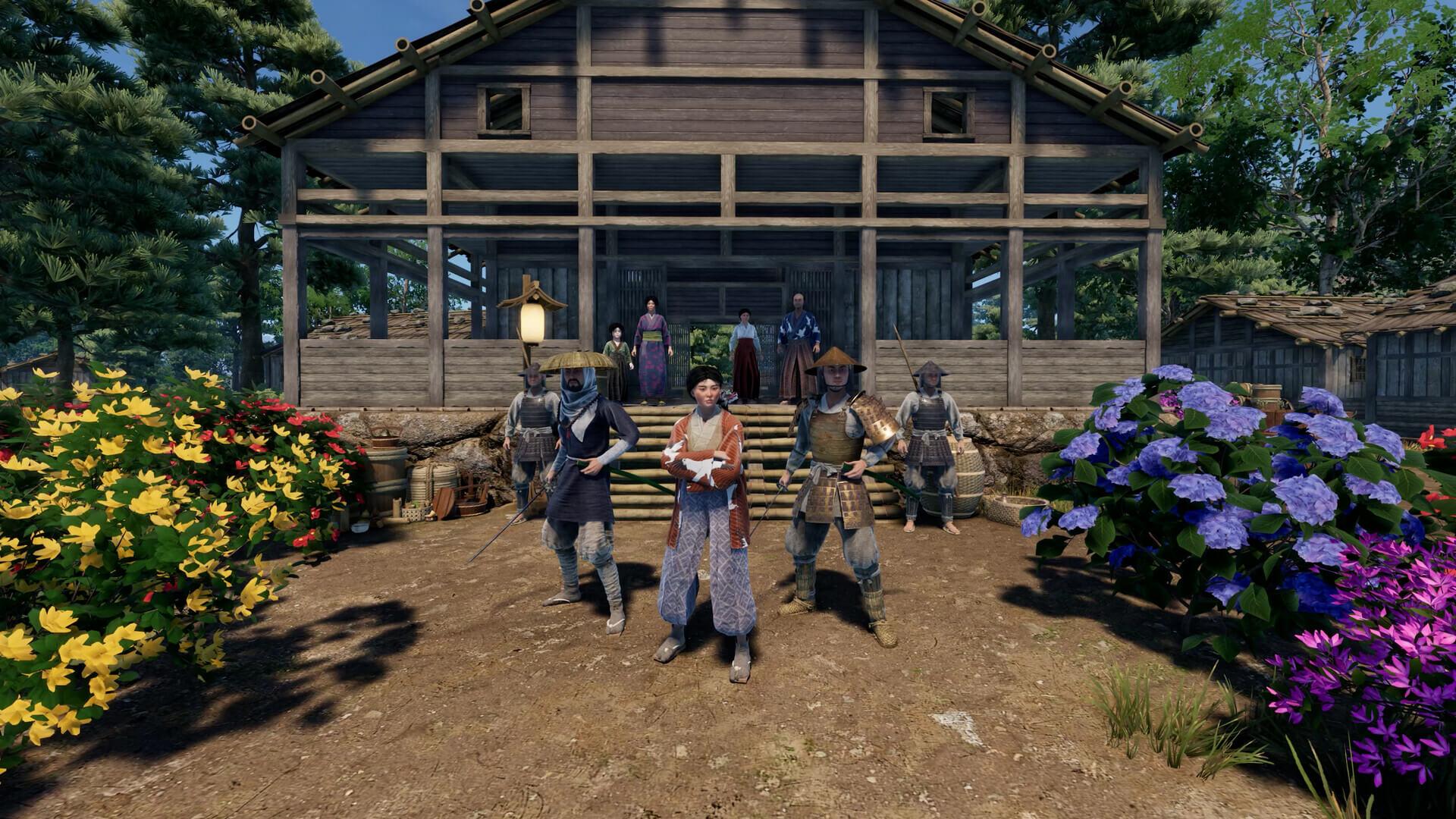 Screenshot from Sengoku Dynasty. A woman cradling a baby is escorted by two sword-wielding guards.