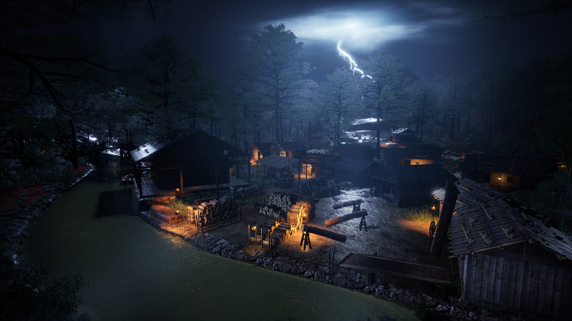 Screenshot from Sengoku Dynasty. A thunderstorm looms in the distance. Nighttime has descended upon a small village, which is lit up with various fires and torches.