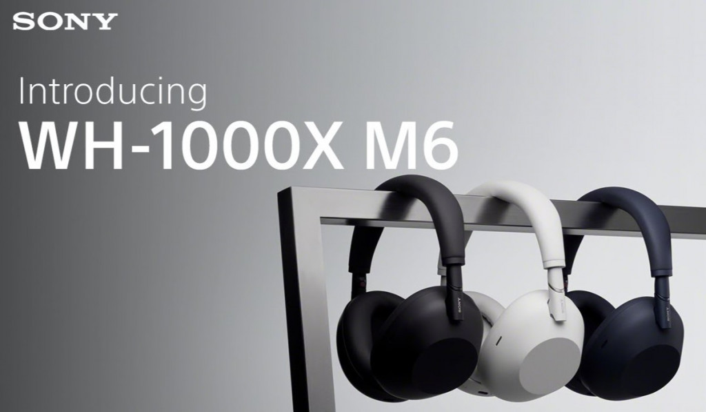 Sony. Introducing WH-1000XM6. Three headphones shown hanging on a rail in colours Black, White and Blue. Over a graded white to grey background.