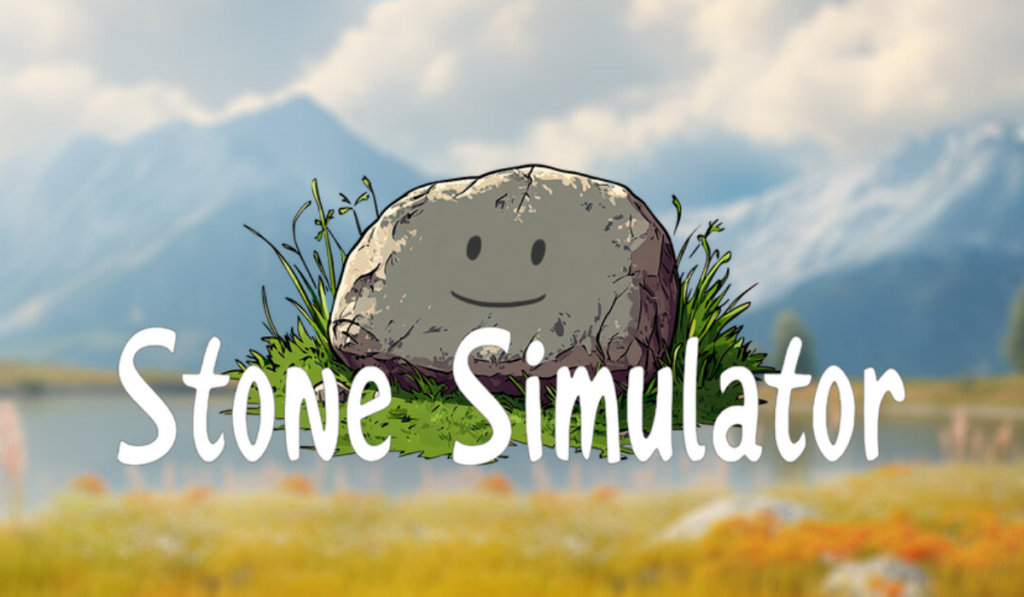 Arte clave para el simulador de piedra. Un amigable personaje de piedra de dibujos animados se encuentra en la hierba en un paisaje pintoresco, con "Simulador de piedra" Texto debajo y montañas en el fondo.