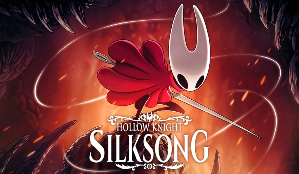 Hollow Knight: Silksong key art featuring main character Hornet in her signature red dress perched on a rock in an action pose, holding her needle as silk weaves around her.