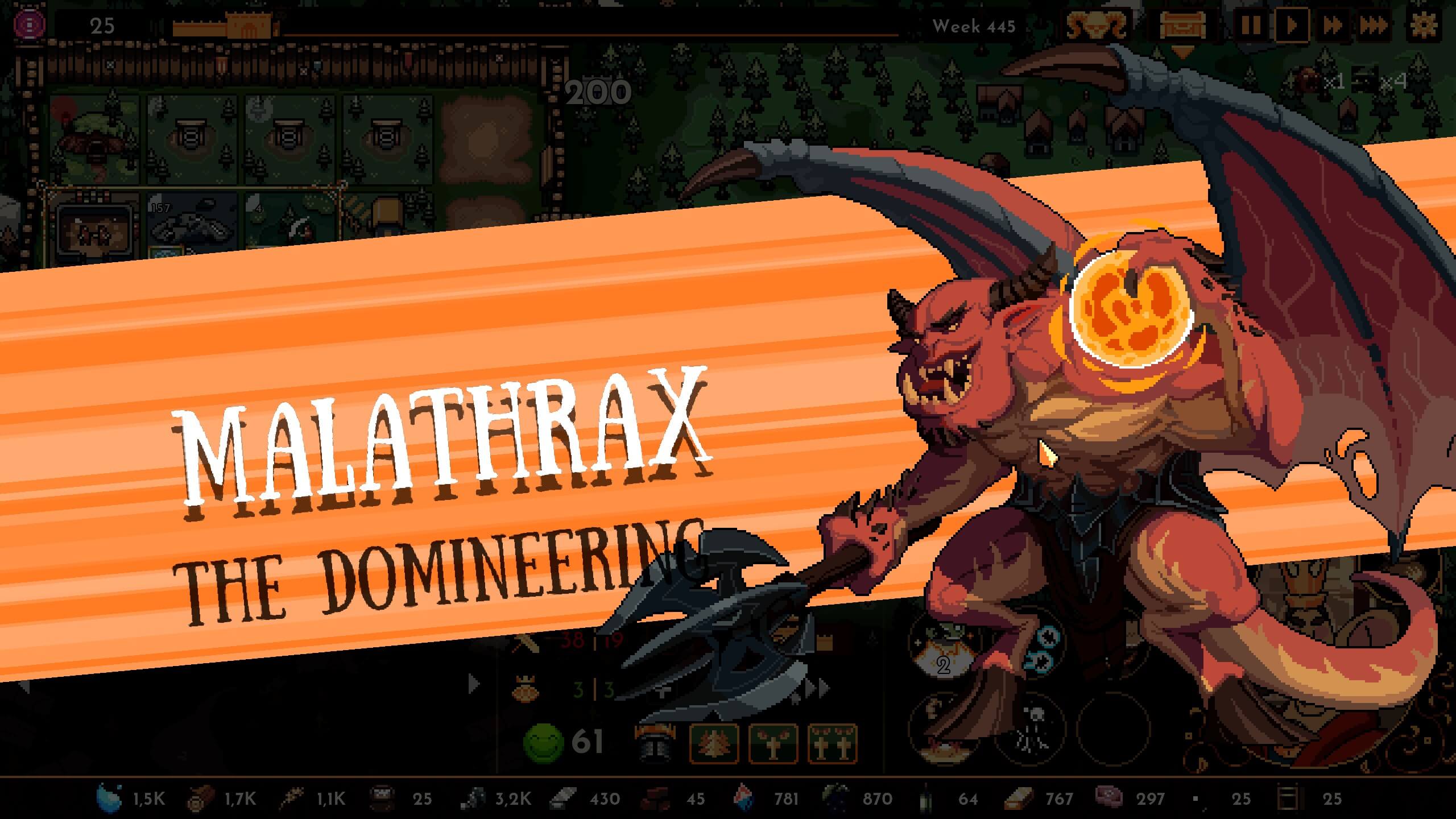 A screenshot from the game “The King Is Watching” highlights Malathrax, The Domineering, a powerful demon character. This pixel art game shows the demon wielding an axe and conjuring a fiery orb, with the game's interface overlay providing week progress and other useful metrics. 