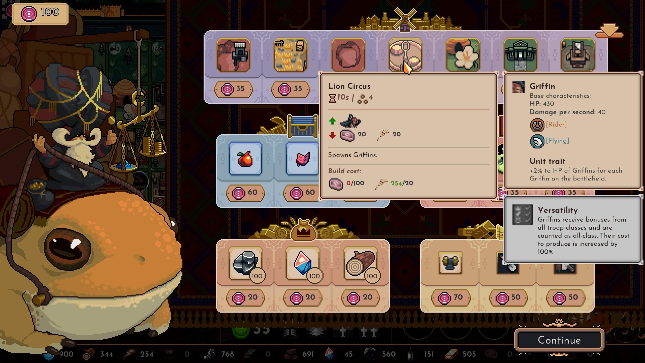 A screenshot from “The King Is Watching” game displays the user interface focused on building options. A building menu is open, highlighting the “Lion Circus” which spawns Griffin units. The Lion Circus description states build time, and resource costs. Beside it the Griffin stats are given including HP, damage, unit traits and versatility. Further building options are visible, like troop buildings and defensive structures.