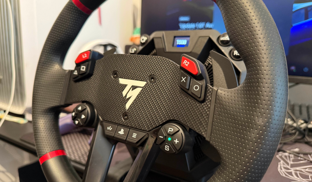 thrustmaster 598 wheel on a desk