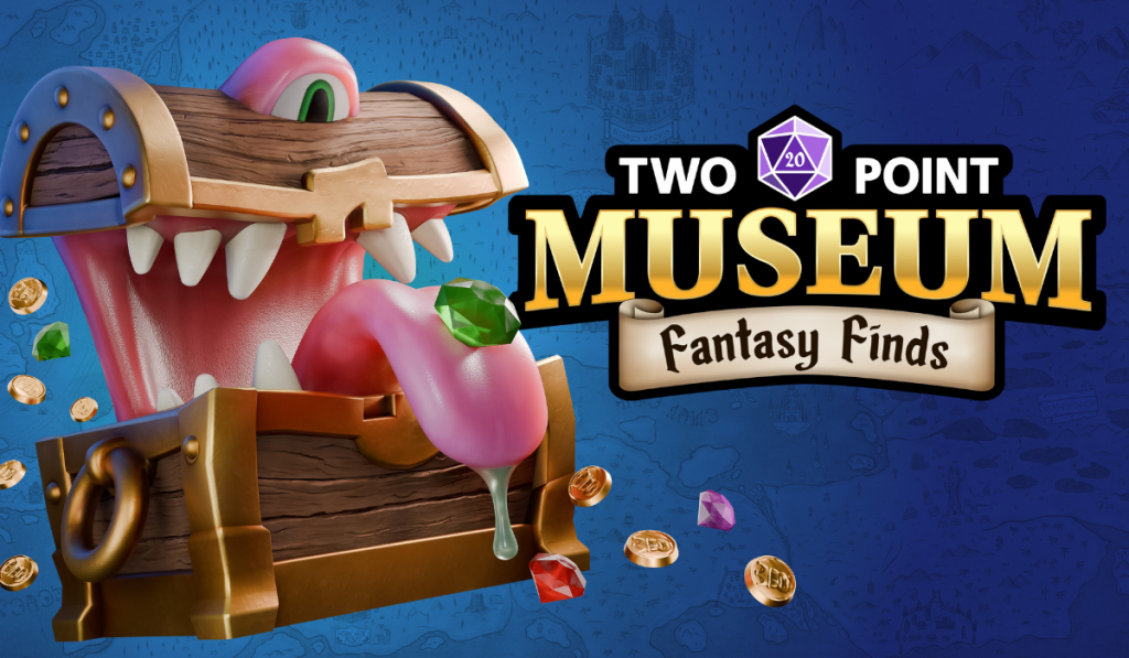 key art for the two point museum fantasy finds dlc featuring a mimic chest