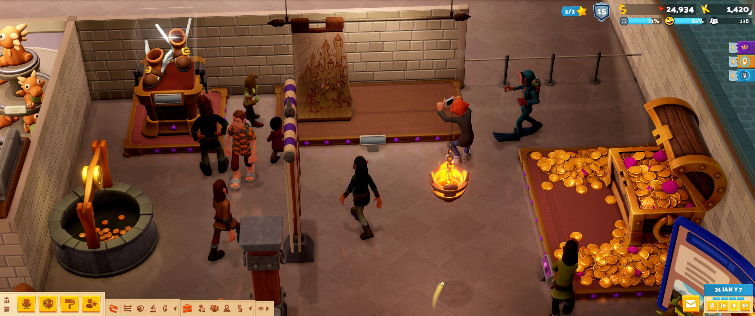 screenshot of the fantasy finds dlc showing a layout of artefacts found on expeditions. These are all laid out inside a museums exhibition hall with some visitors walking around and taking photos.