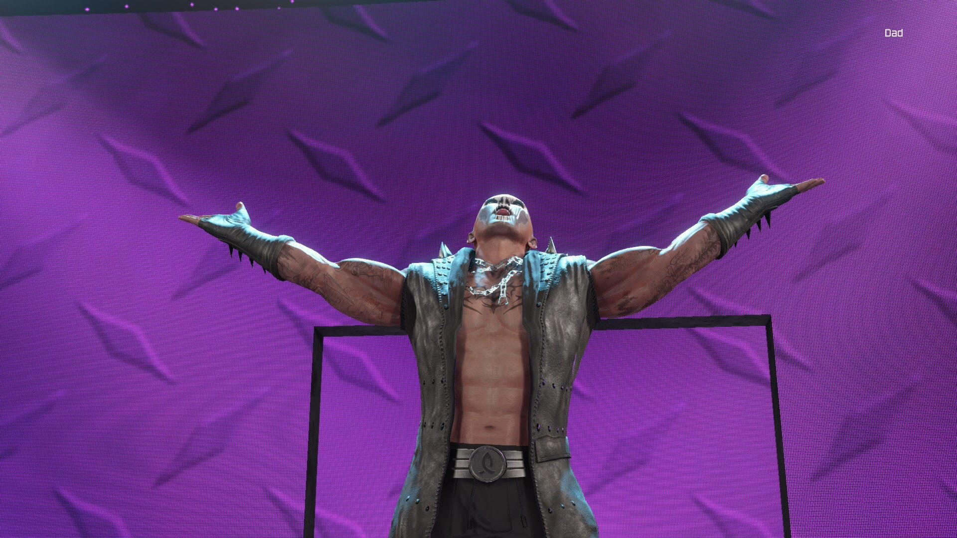 screenshot of wwek 2k25 switch 2 edition showing my created wrestler, The Ghost's, entrance moves and purple background