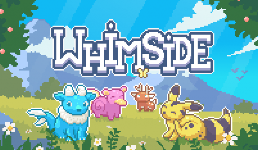 The Whimside key art, many different creatures are chilling on a field with the games title written in white above them.