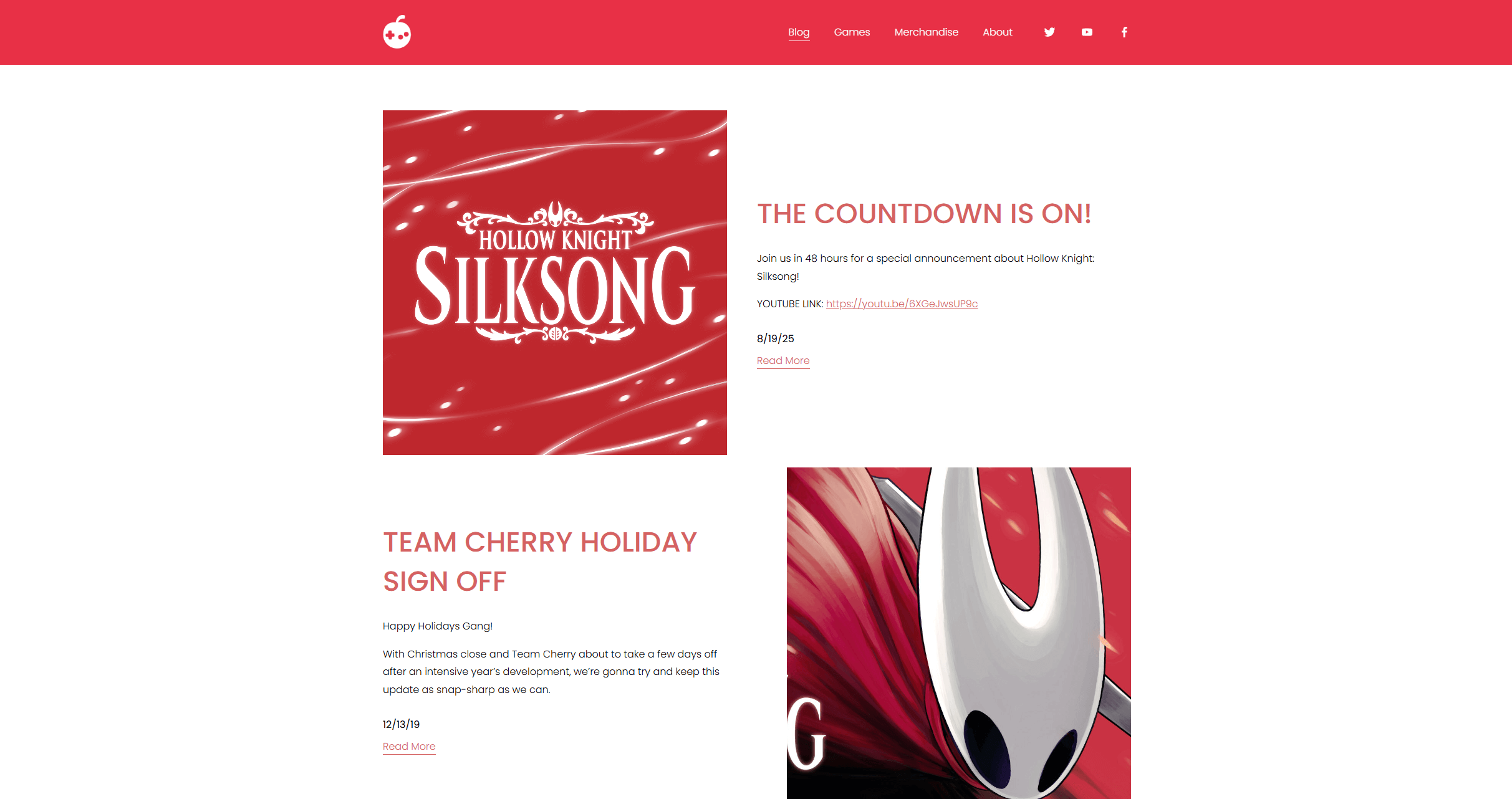 A screenshot of Team Cherry's blog showing their latest announcement post and the previous post from December 2019.