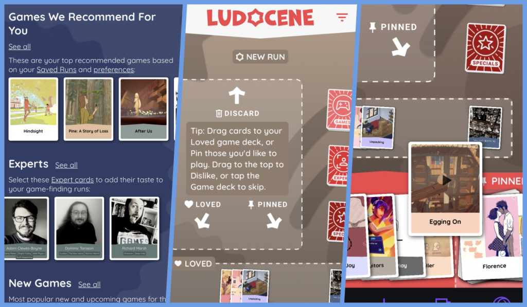 Collage of screenshots from Ludocene's web app.