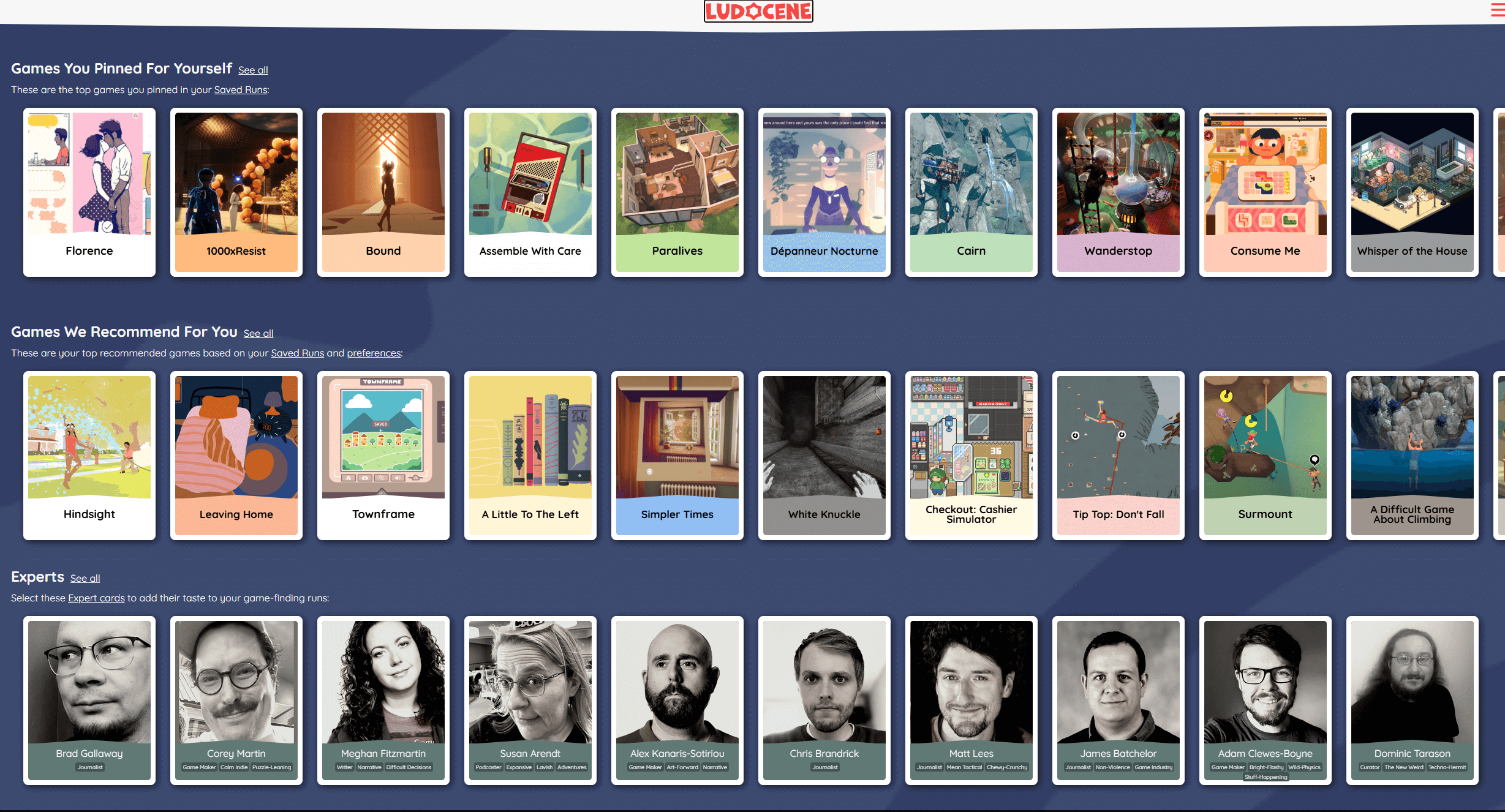 Ludocene as displayed on a PC web browser. Homepage showing 3 rows of cards; Games pinned by the user, game recommended for the user, and experts.