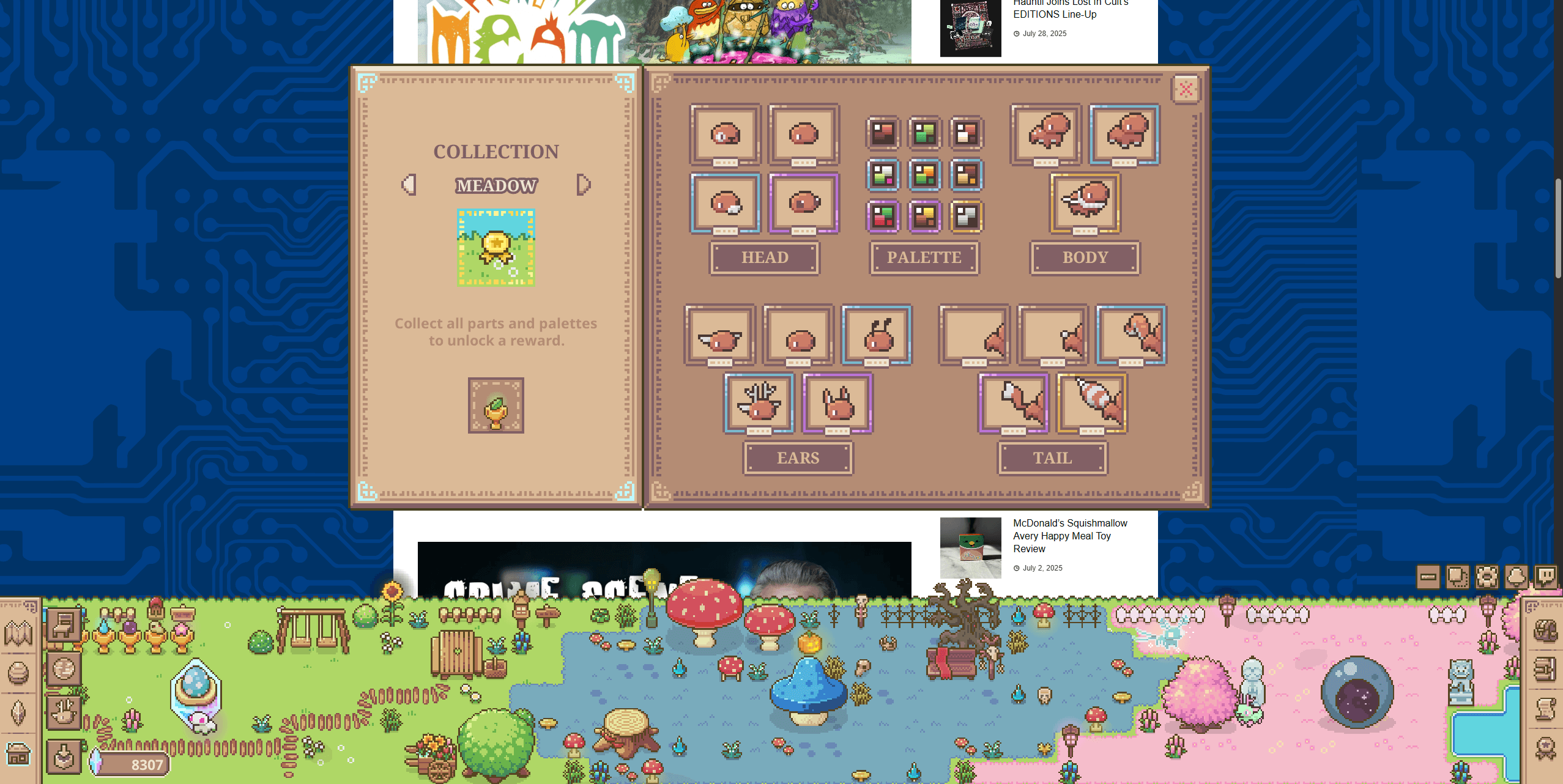 Screenshot of Whimside sitting at the bottom of the screen while the Thumb Culture website is in the background. A pop-up is showing how many different creature parts the player has discovered in a certain area.