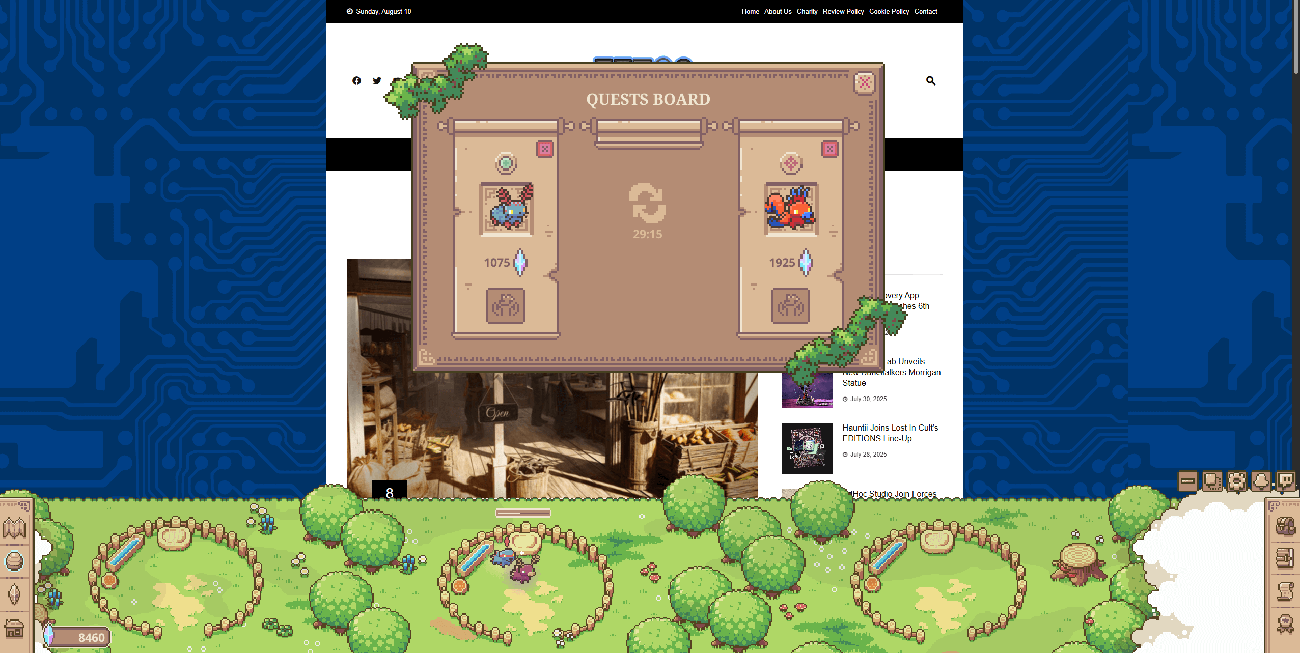 Screenshot of Whimside's quest screen. In the main game panel at the bottom a pair of creatures is sitting in a pen.