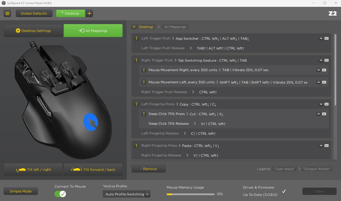 A screenshot of the Swiftpoint X1 Control Panel showing desktop settings and customizable mouse mappings for a Z2 gaming mouse.