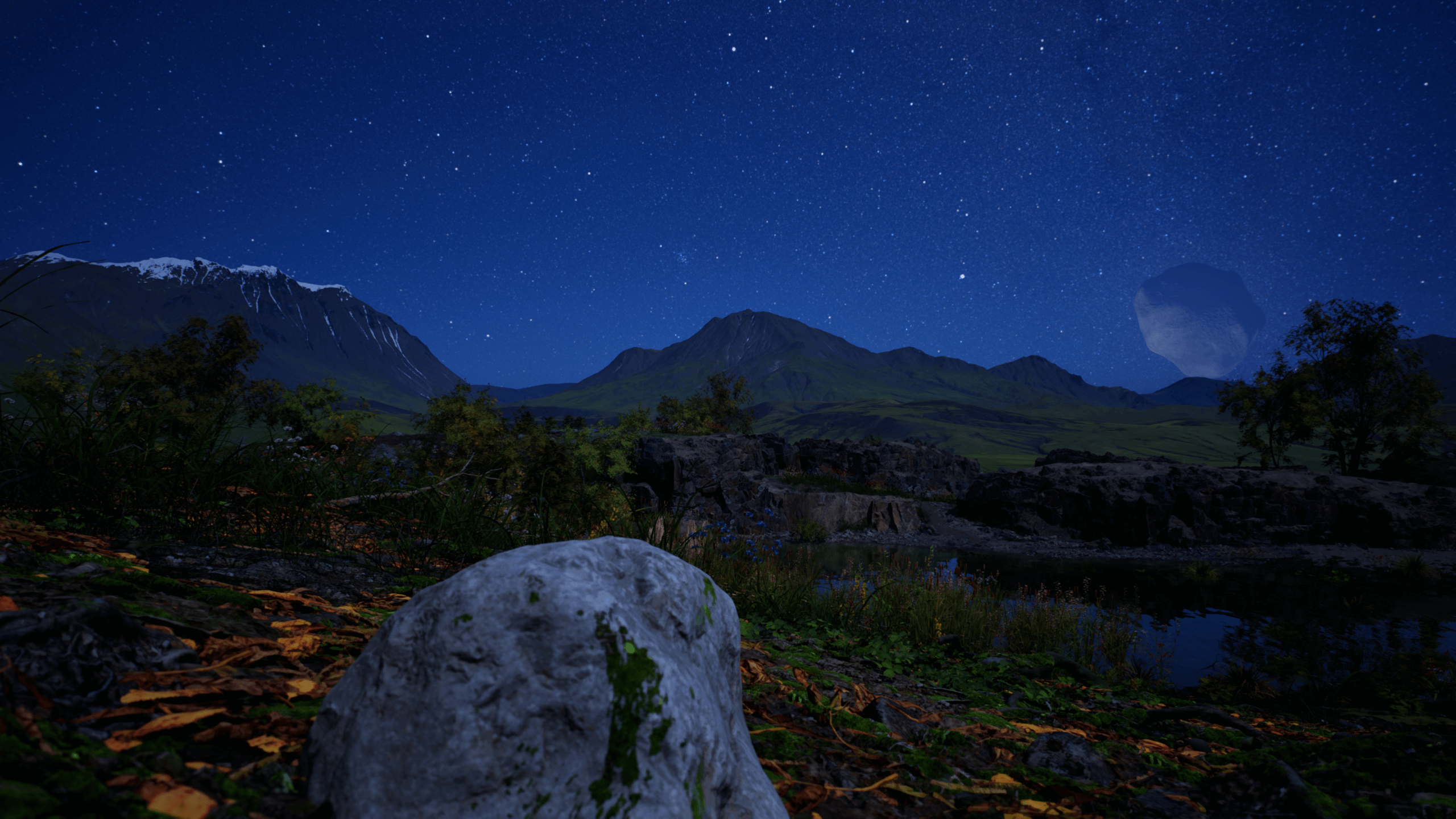Un paisaje nocturno sereno con un cielo claro lleno de estrellas, montañas nevadas y un río tranquilo bordeado por exuberante vegetación. Una piedra está en primer plano y parece estar mirando el cielo
