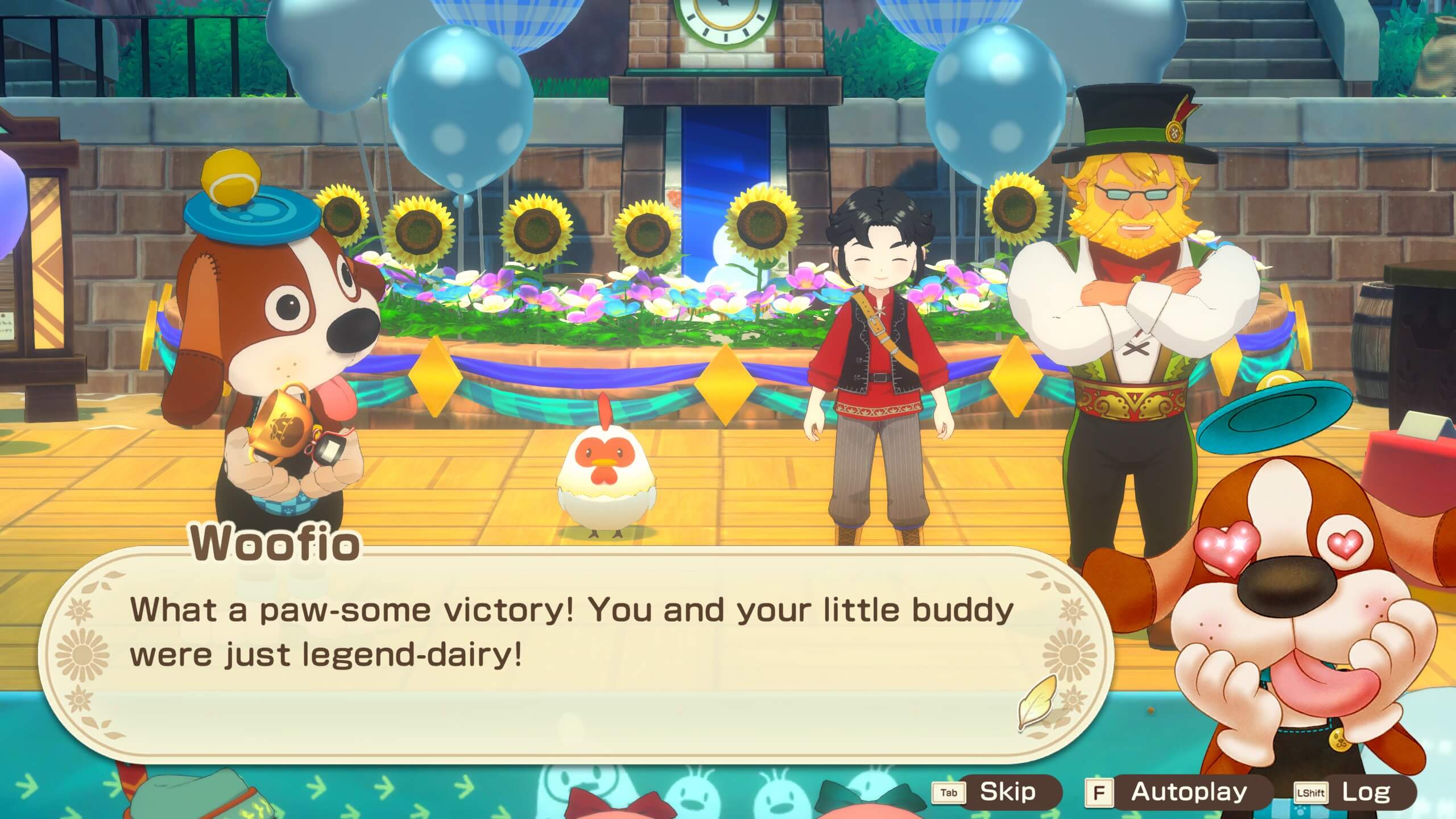 Woofio congratulating the farmer and their chicken on their win.