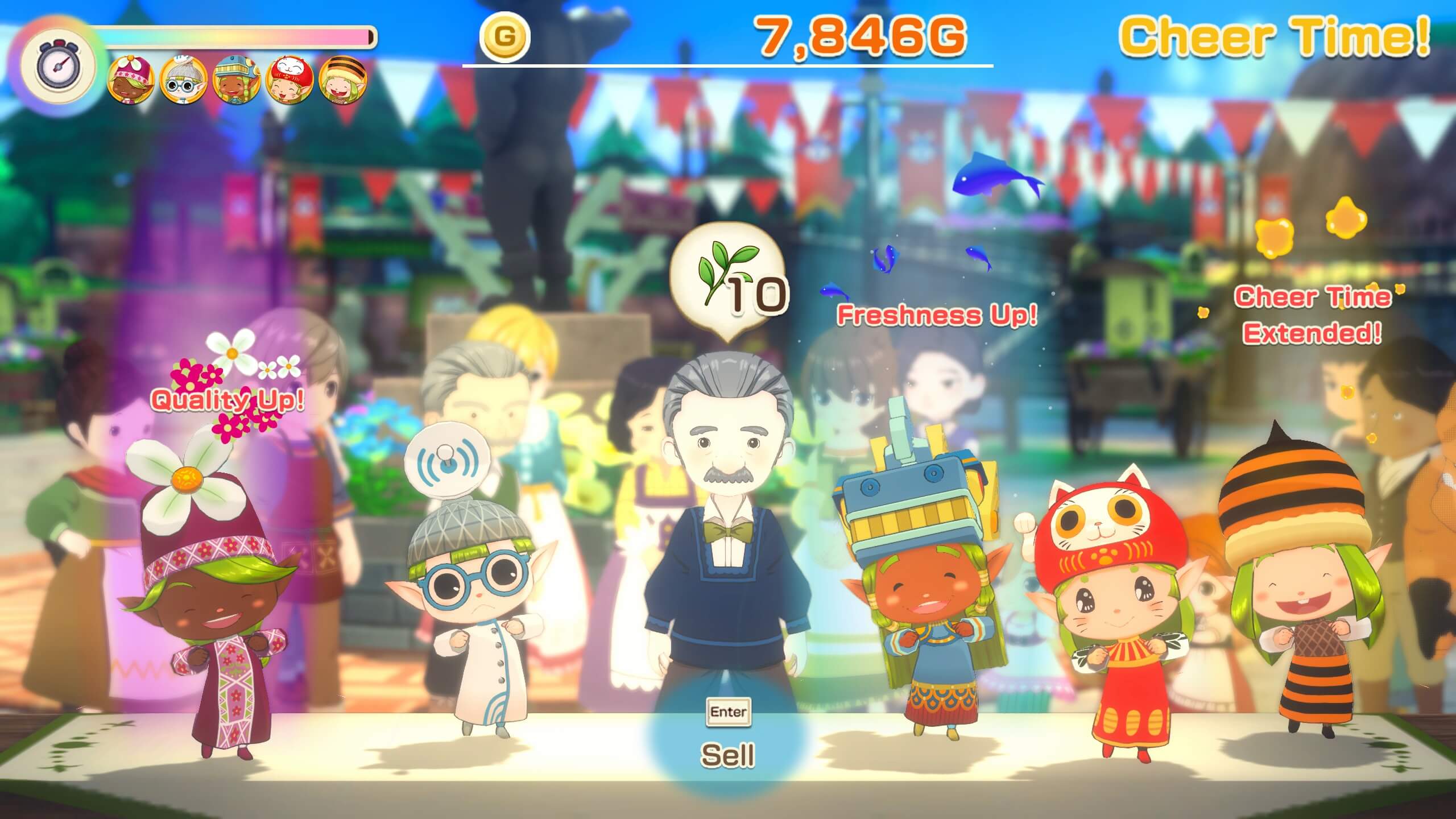 It's Cheer Time! The five harvest sprites are dancing on the stall table to attract customers. A customer is standing in the middle of the frame, asking for a certain product.