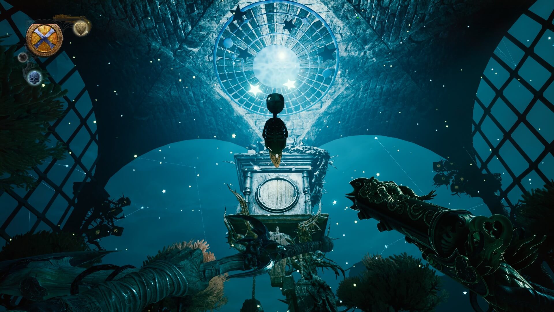 Captura de pantalla de Davy X Jones. Un pájaro grande que sale de un reloj, arriba es una constelación de estrellas con tres estrellas iluminadas, y cuatro aún por iluminar. 