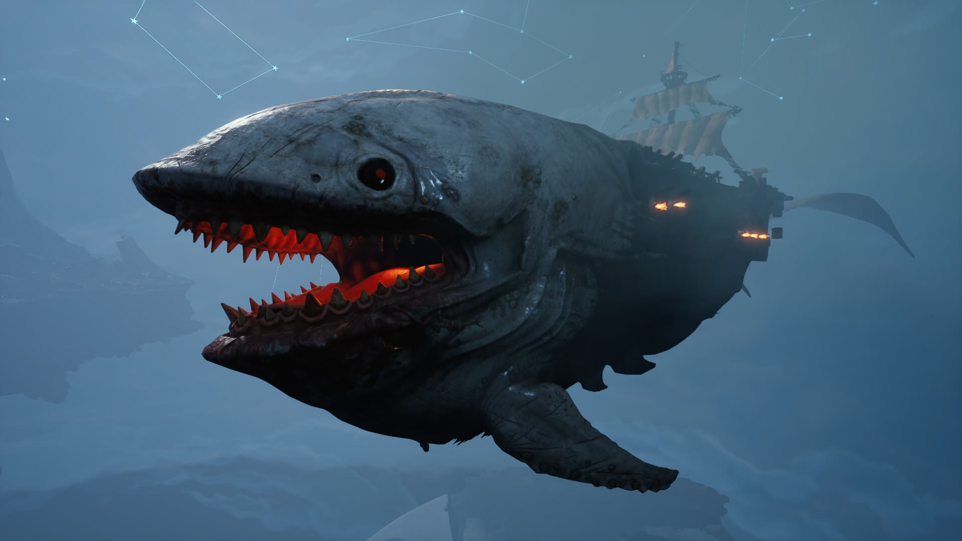 Captura de pantalla de Davy X Jones. Un pez grande con la boca abierta, revelando muchos dientes afilados. Un tinte de luz rojiza-naranja sale de su boca. En la parte posterior está el resto de su cuerpo, que está hecho de madera para formar el resto de un barco. 