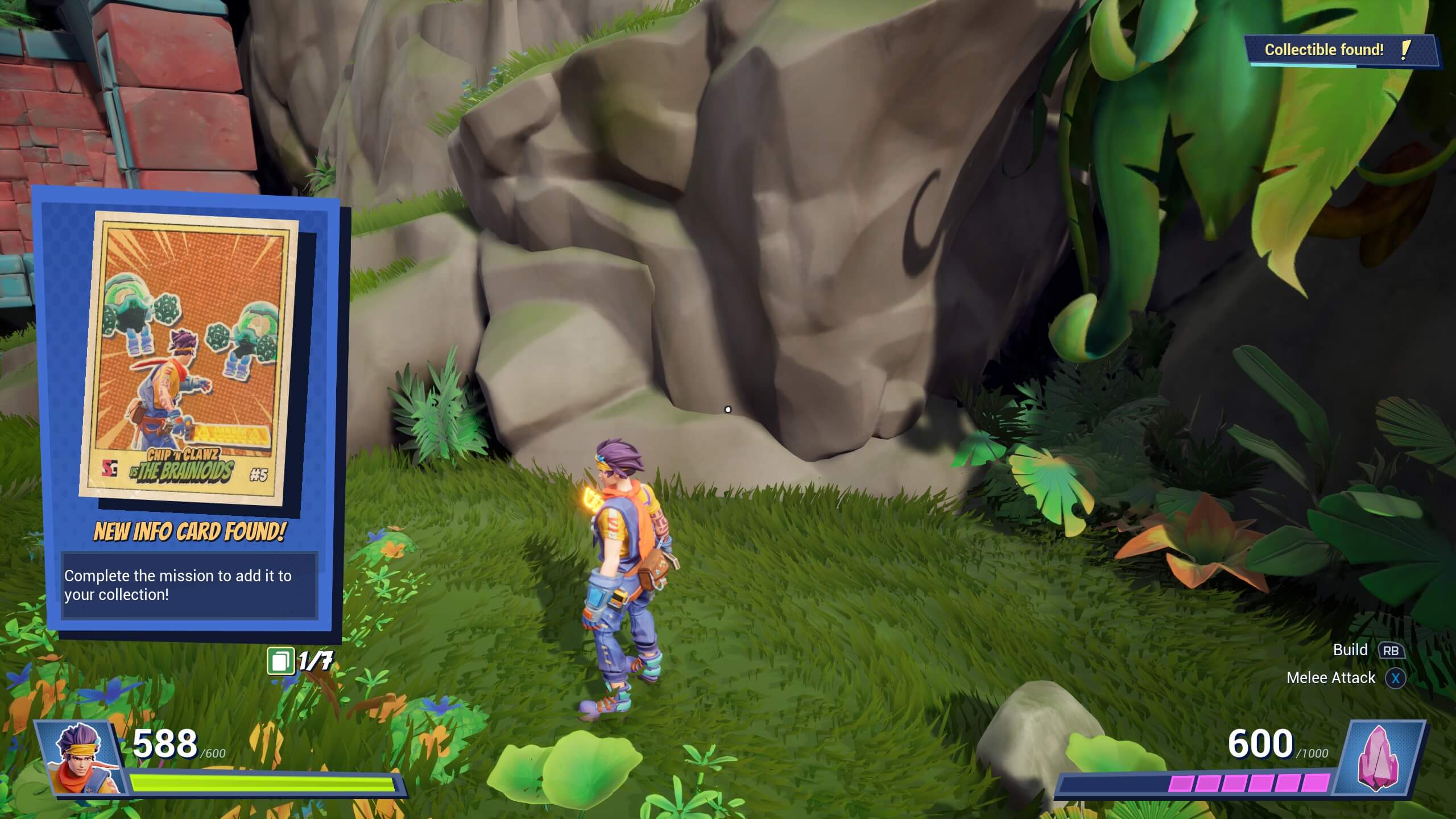 A character stands in a vibrant, green forest, discovering a new collectible info card titled "Chip 'n Clawz: The Brainiacs."