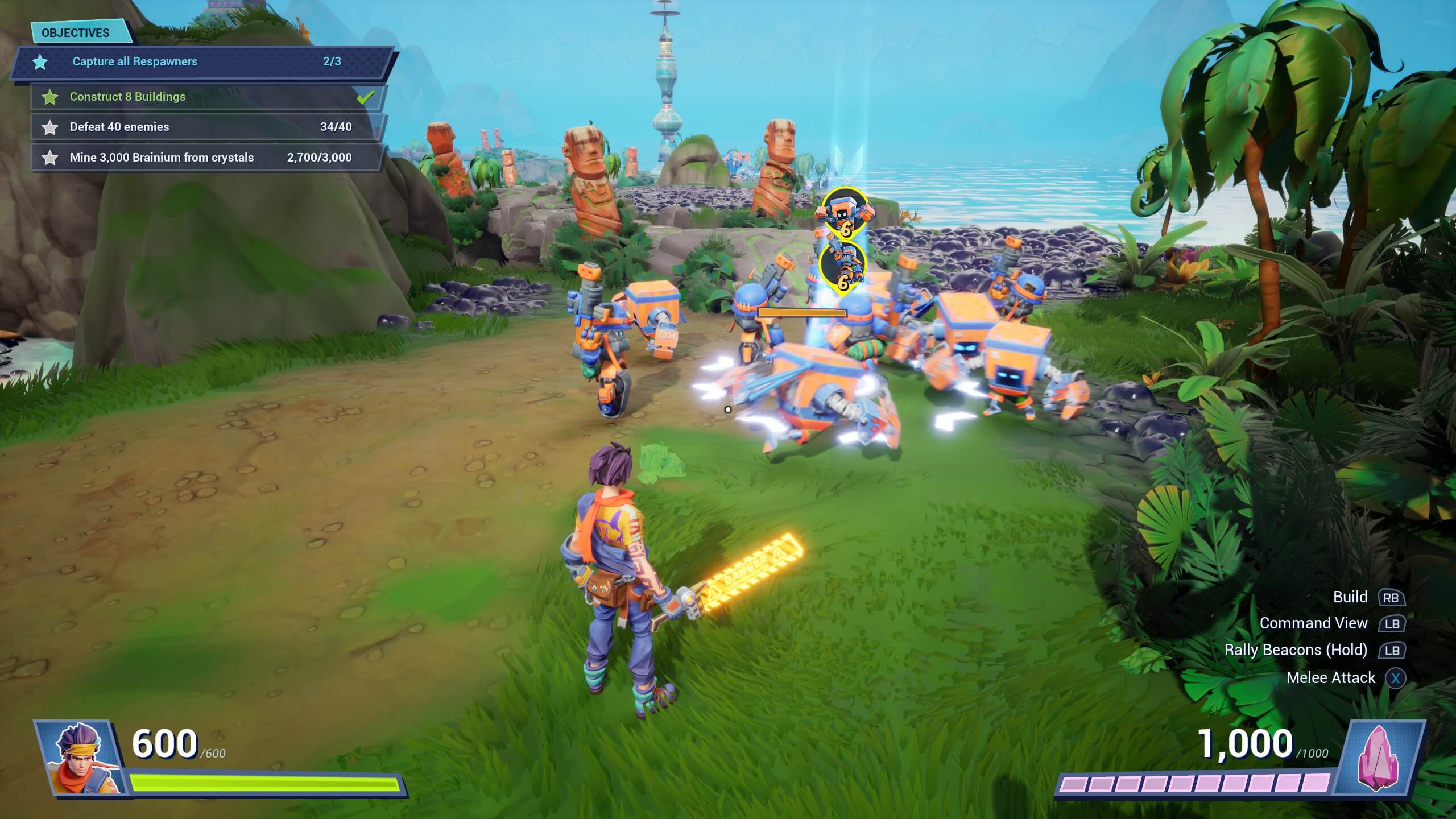 A character stands ready for battle in a colorful landscape filled with robotic allies and objectives displayed on the left side.