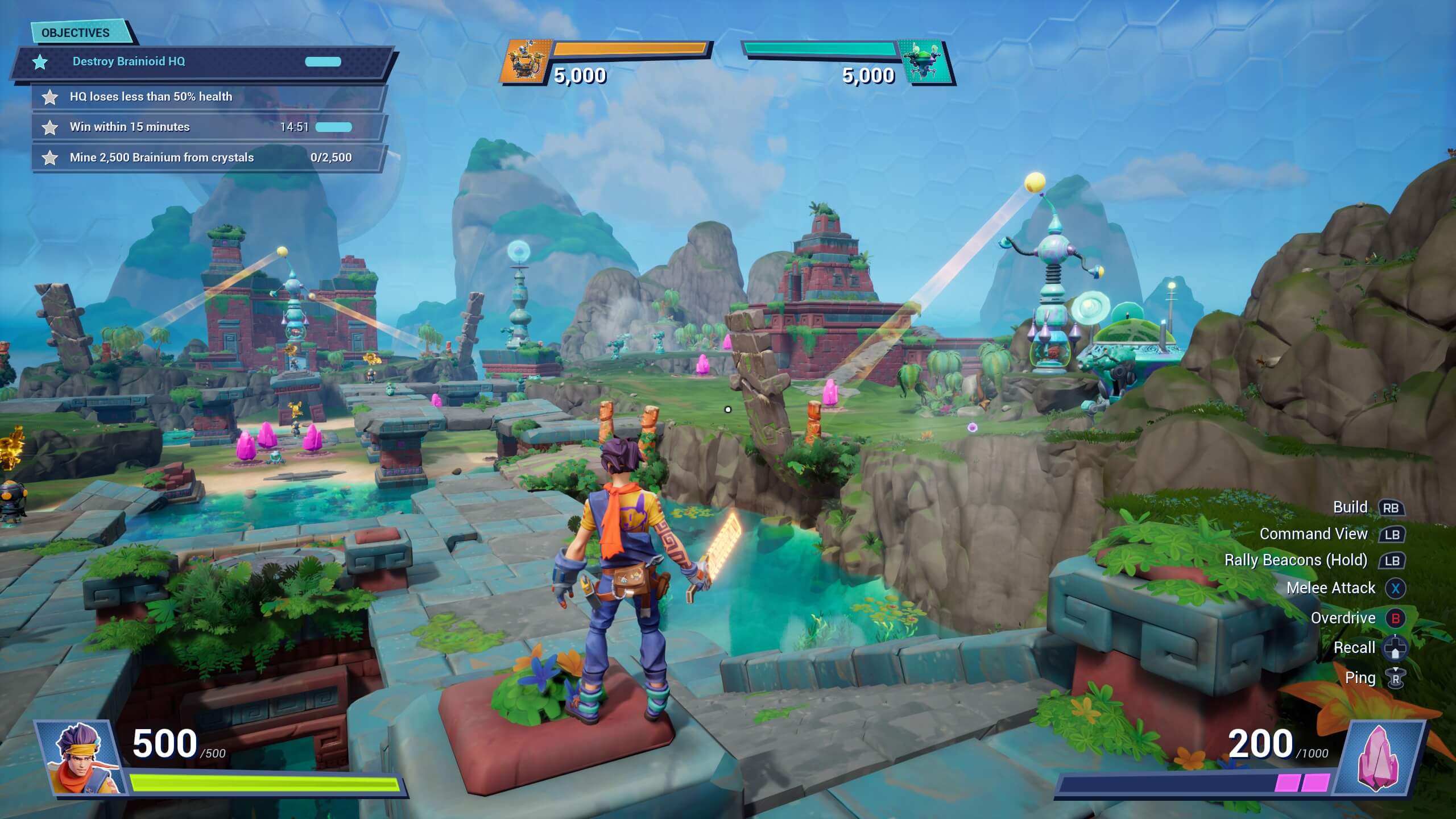 A vibrant game landscape featuring ruins, hills, and crystals, with a character holding a sword amidst various objectives and gameplay elements.
