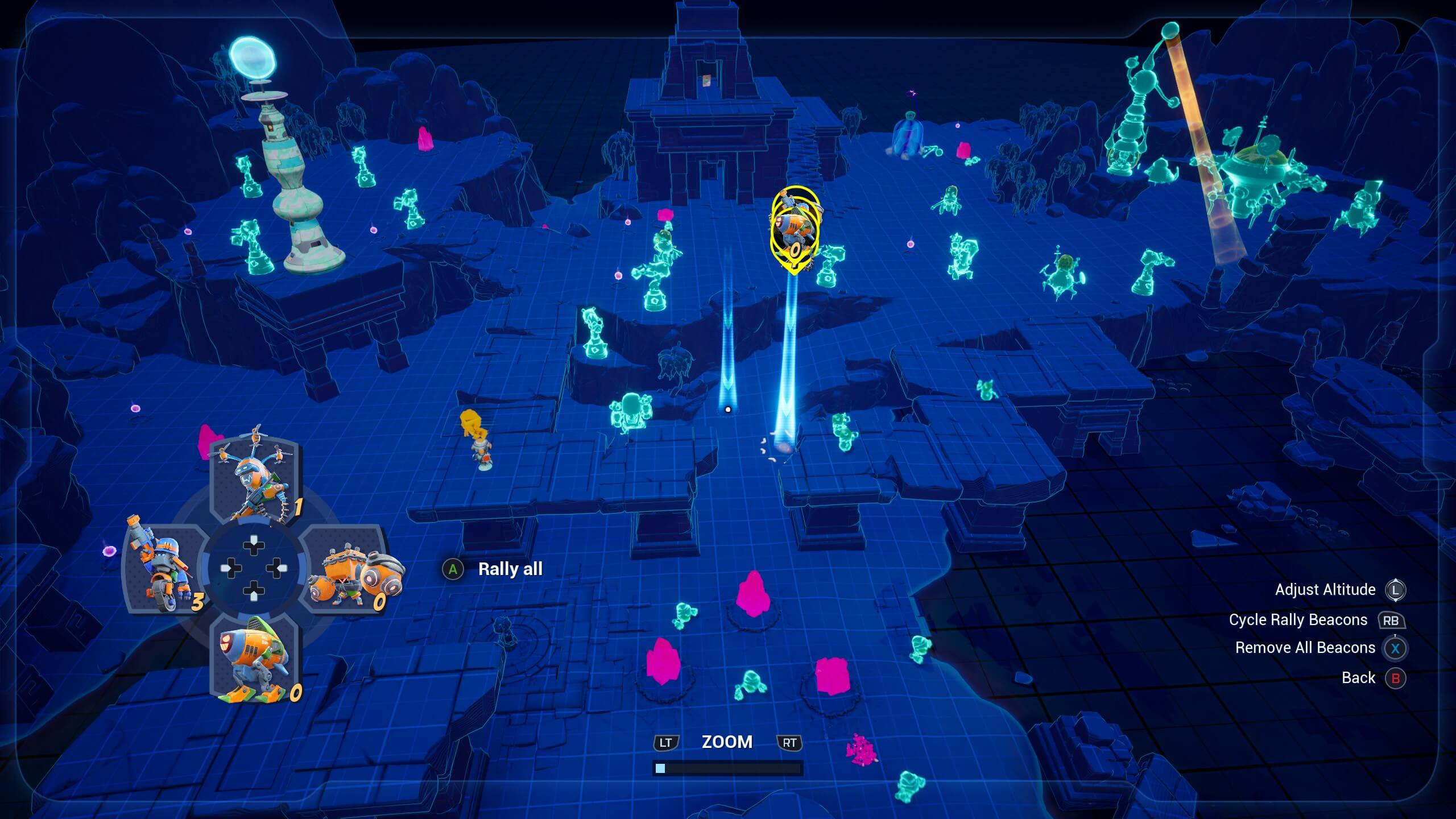 A blue-tinged game interface shows a 3D map with characters, rally beacons, and obstacles, featuring options for navigation and commands.