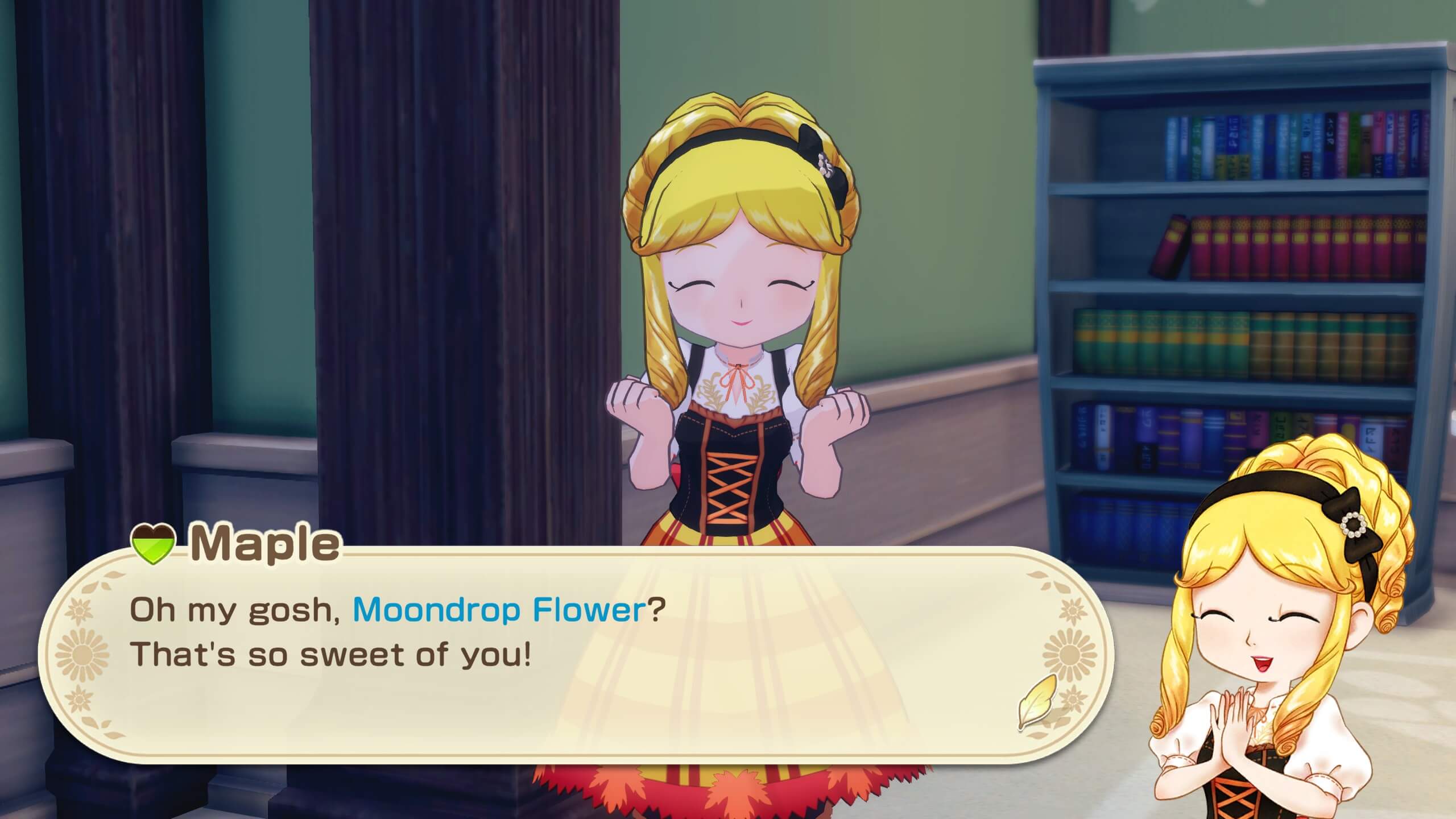 Maple receiving a flower as a gift