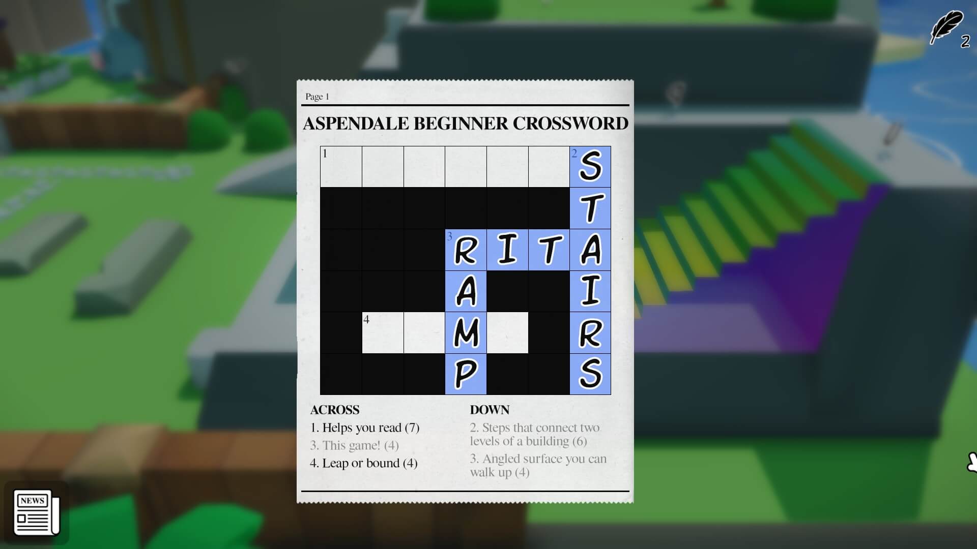 A crossword puzzle titled "Aspendale Beginner Crossword," featuring words like "stairs" and "ramp," set against a colorful outdoor background.