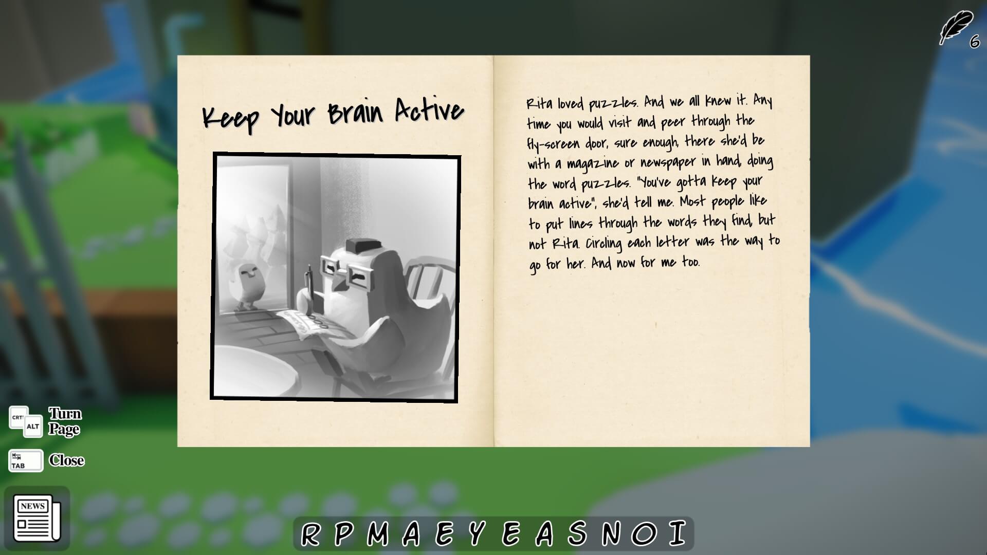A stylized illustration in a book showing a character doing puzzles, along with text encouraging brain activity through word games.