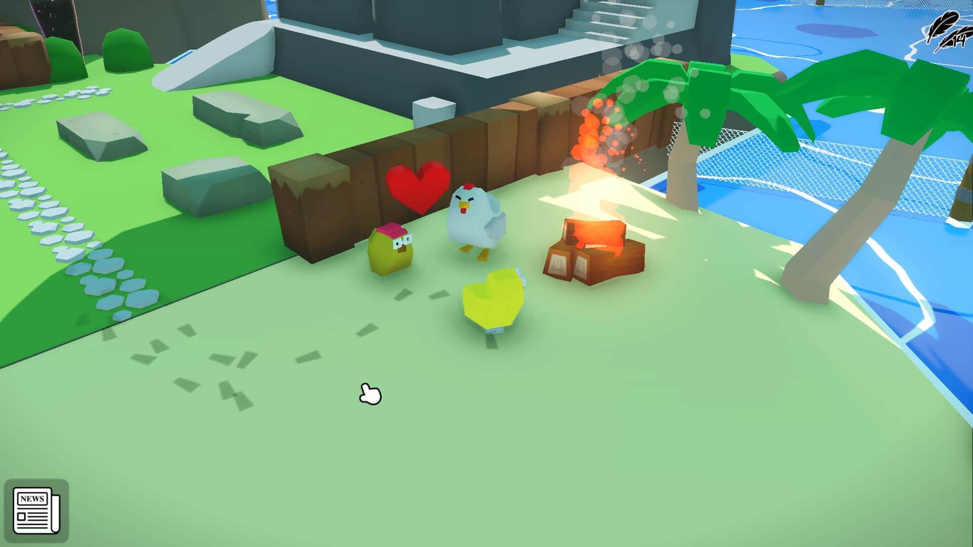 A cartoonish scene with a chicken and two chicks near a campfire, surrounded by greenery and a heart symbol floating above.