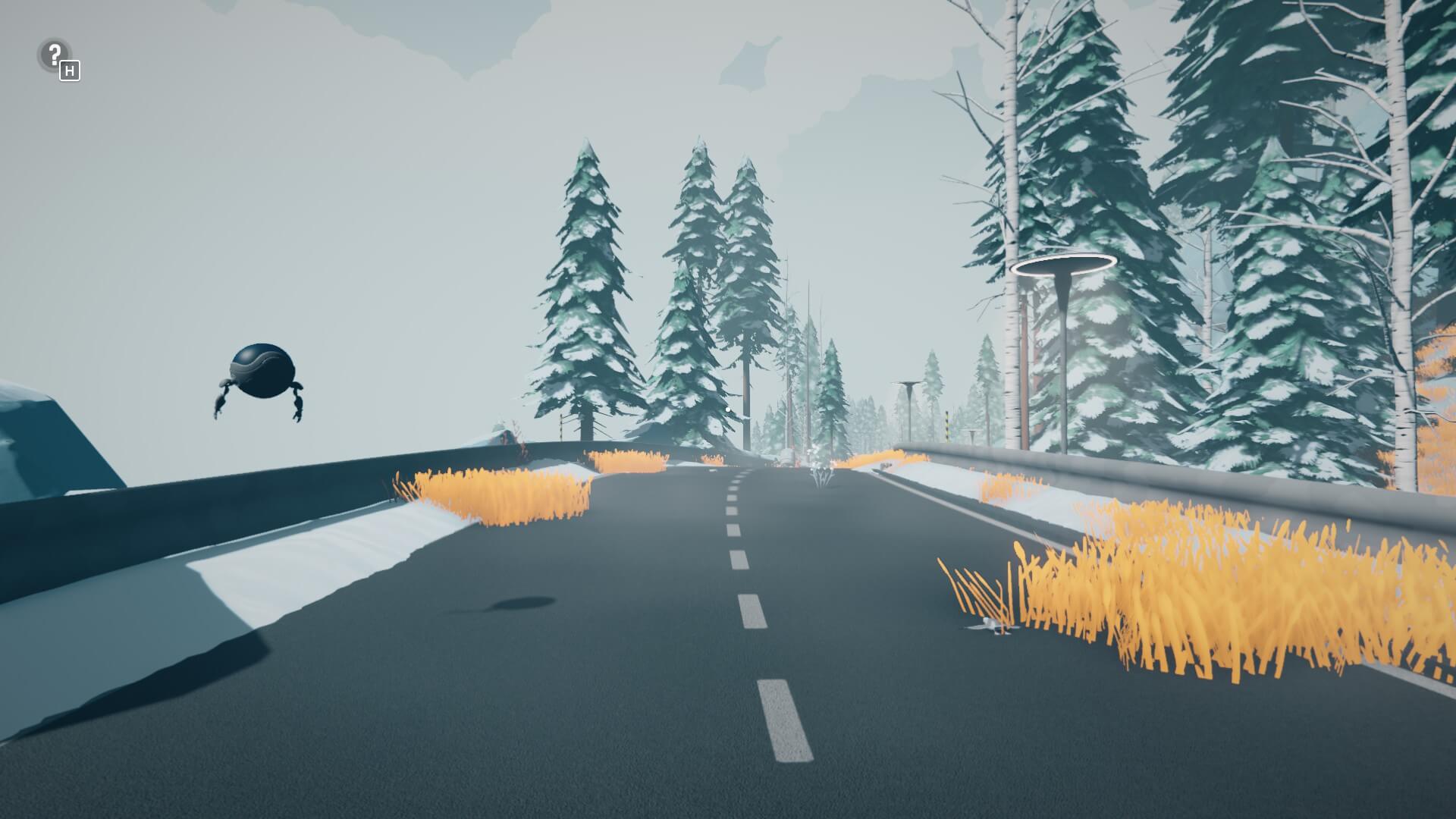 A snowy road flanked by evergreen trees features sparse yellow grass, with a small flying robot hovering above the pavement.