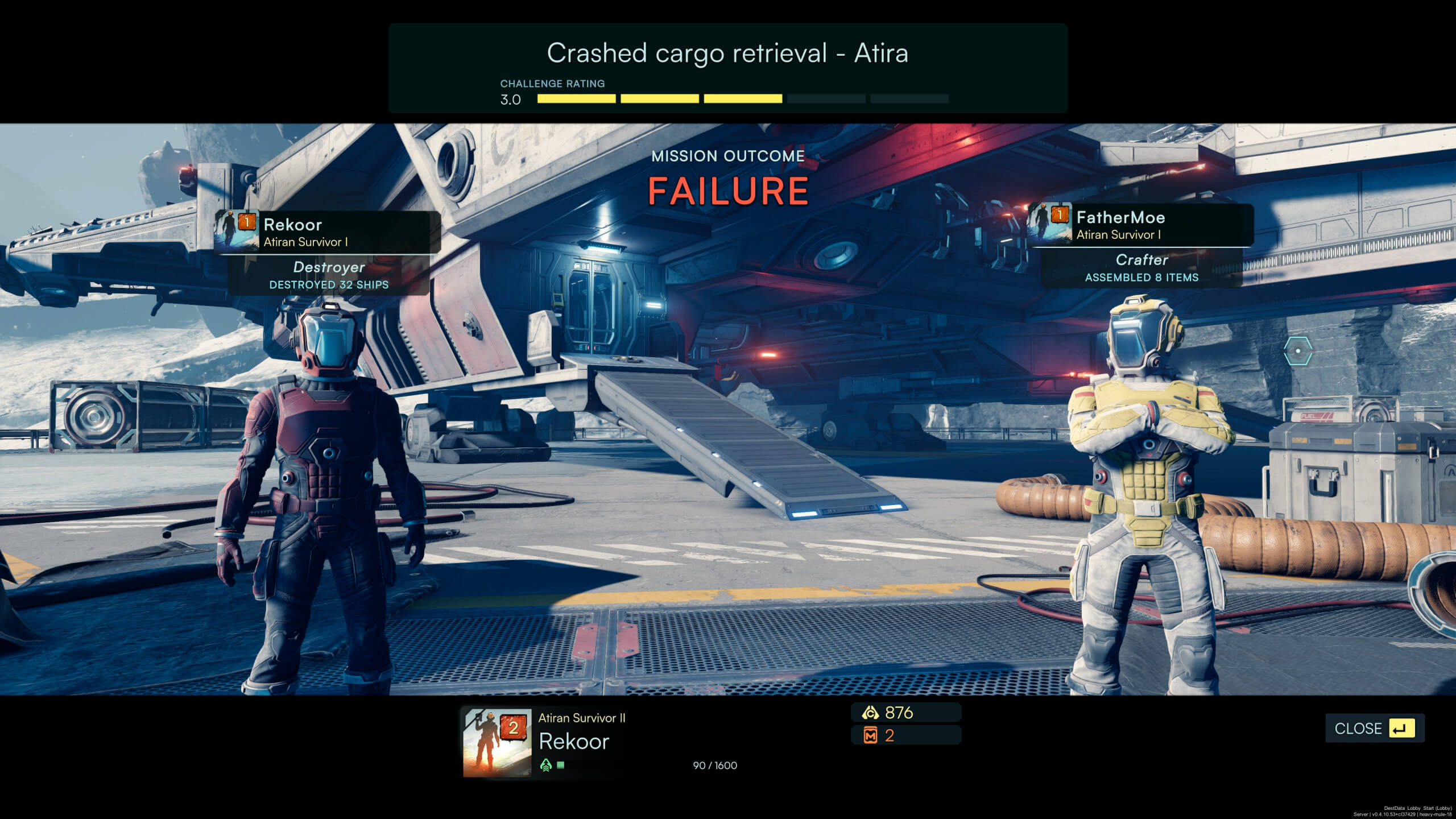 Two characters, Rekoor and FatherMoe, stand before a crashed spaceship with "MISSION OUTCOME: FAILURE" displayed prominently.