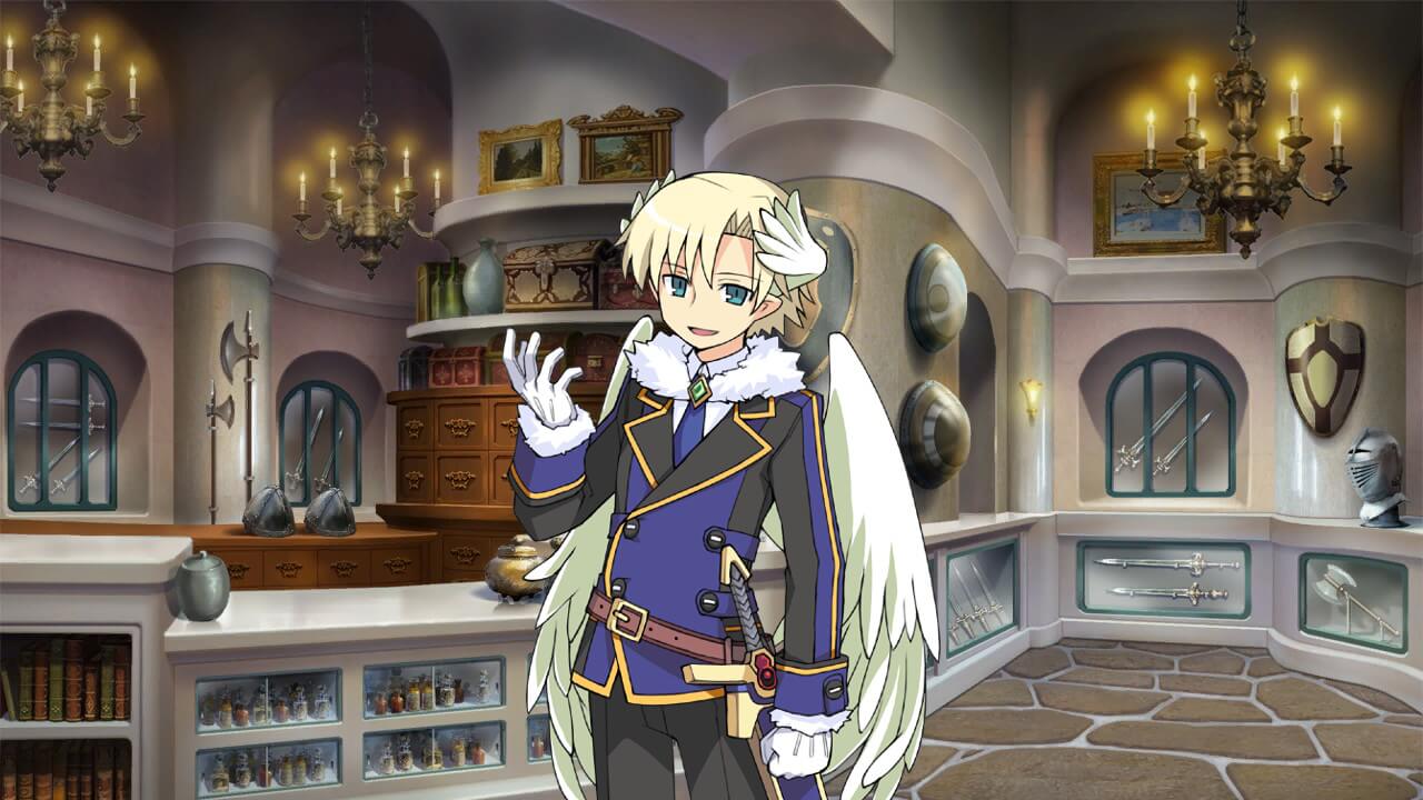 The screenshot depicts an angel-like character from Class of Heroes 3 Remastered standing within a richly decorated weapons shop. The character has blonde hair, blue eyes, and feathered wings. They are wearing a blue and black military-style uniform with gold trim and a sword at their hip. The shop's background features shelves stocked with potions and books, displaying weapons (axes, swords, shields, helmets) and ornate chandeliers. The overall aesthetic is reminiscent of a medieval fantasy setting.