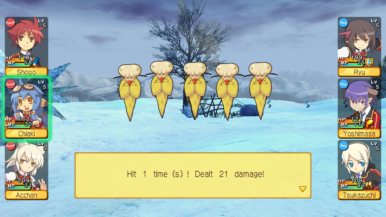 Screenshot from Class of Heroes 3 Remaster showing a turn-based battle. Six player characters are displayed on the left and right sides of the screen, each with health bars and levels visible. Six strange, yellow, plant-like monsters with human faces stand in a row in the centre on a snowy landscape. A yellow text box indicating the amount of damage - Hit 1 time (s)! Dealt 21 damage!