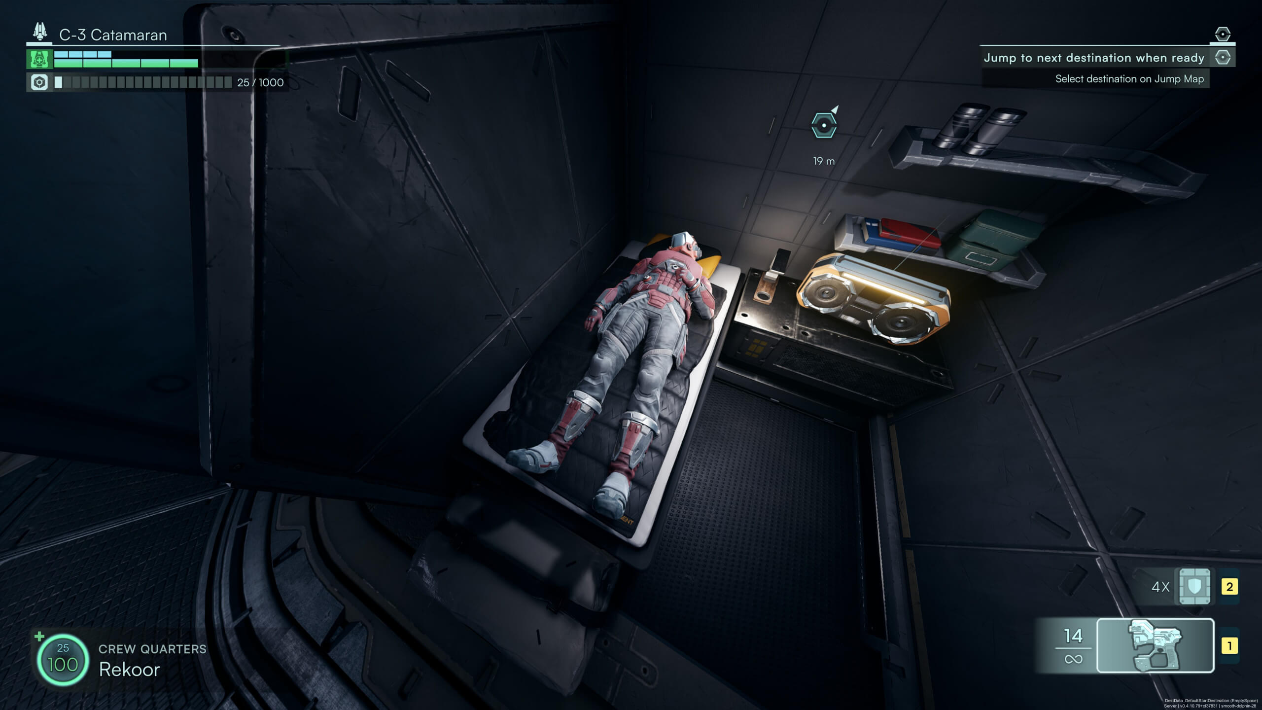 A space crew member in a futuristic uniform lies on a bed in a dimly lit crew quarters, surrounded by gear and a radio.