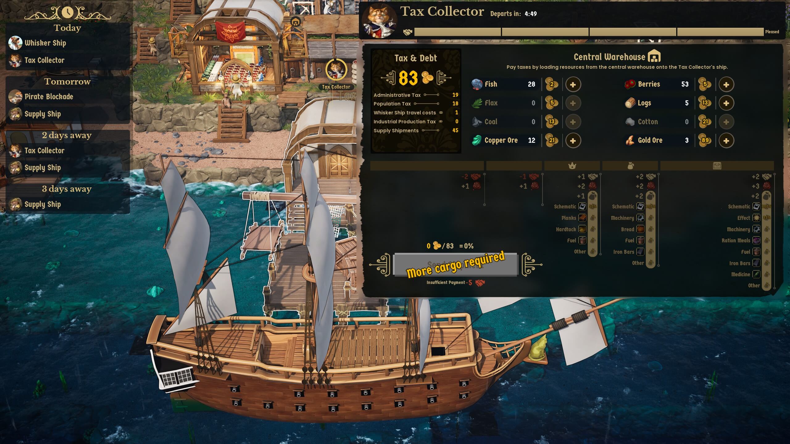 A screenshot from the game Whiskerwood. The tax collector has arrived. There is a menu screen in which the player has to select the resources they want to give to the Claw as tax payment.