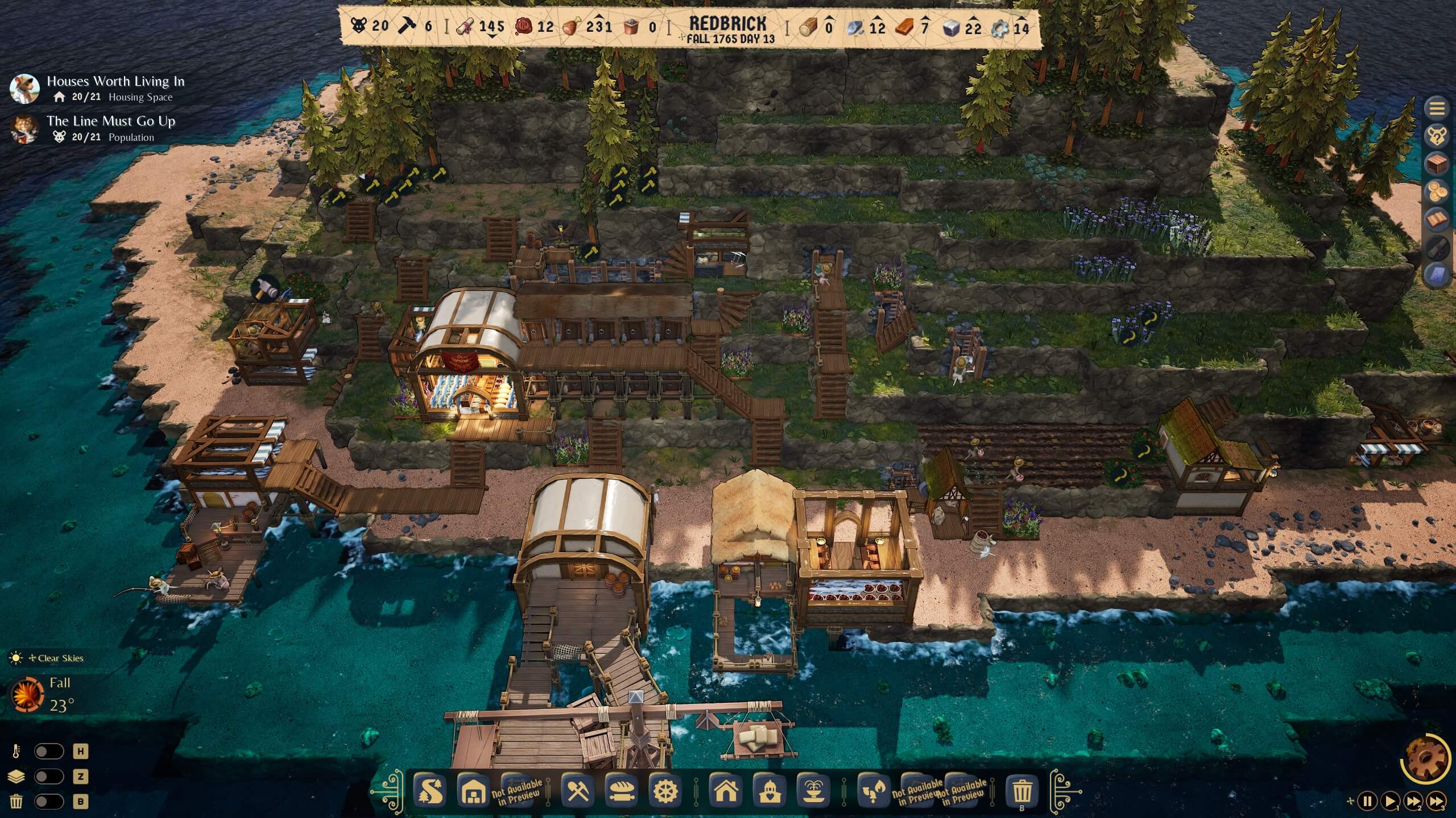 A screenshot of the game showing a colony by the shore. A lot is going on. There are fields being harvested to the right, a gigantic block of houses in the middle, and a large storage facility to the left.