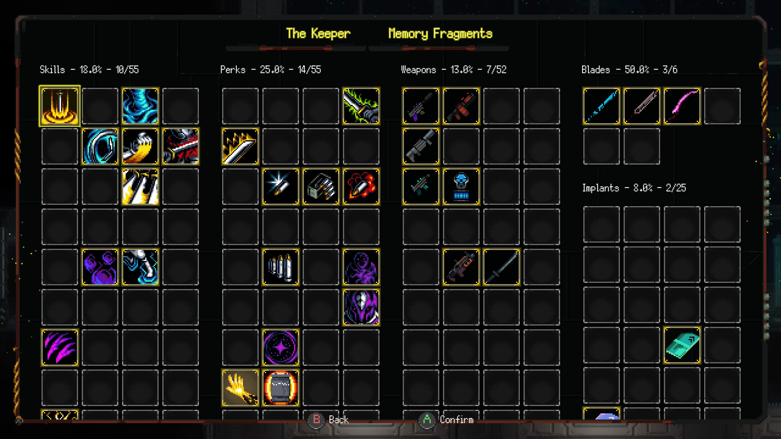 Screenshot from Katanaut showing the game inventory screen, displaying skills, perks, weapons, blades, and implants with various statistics and icons.