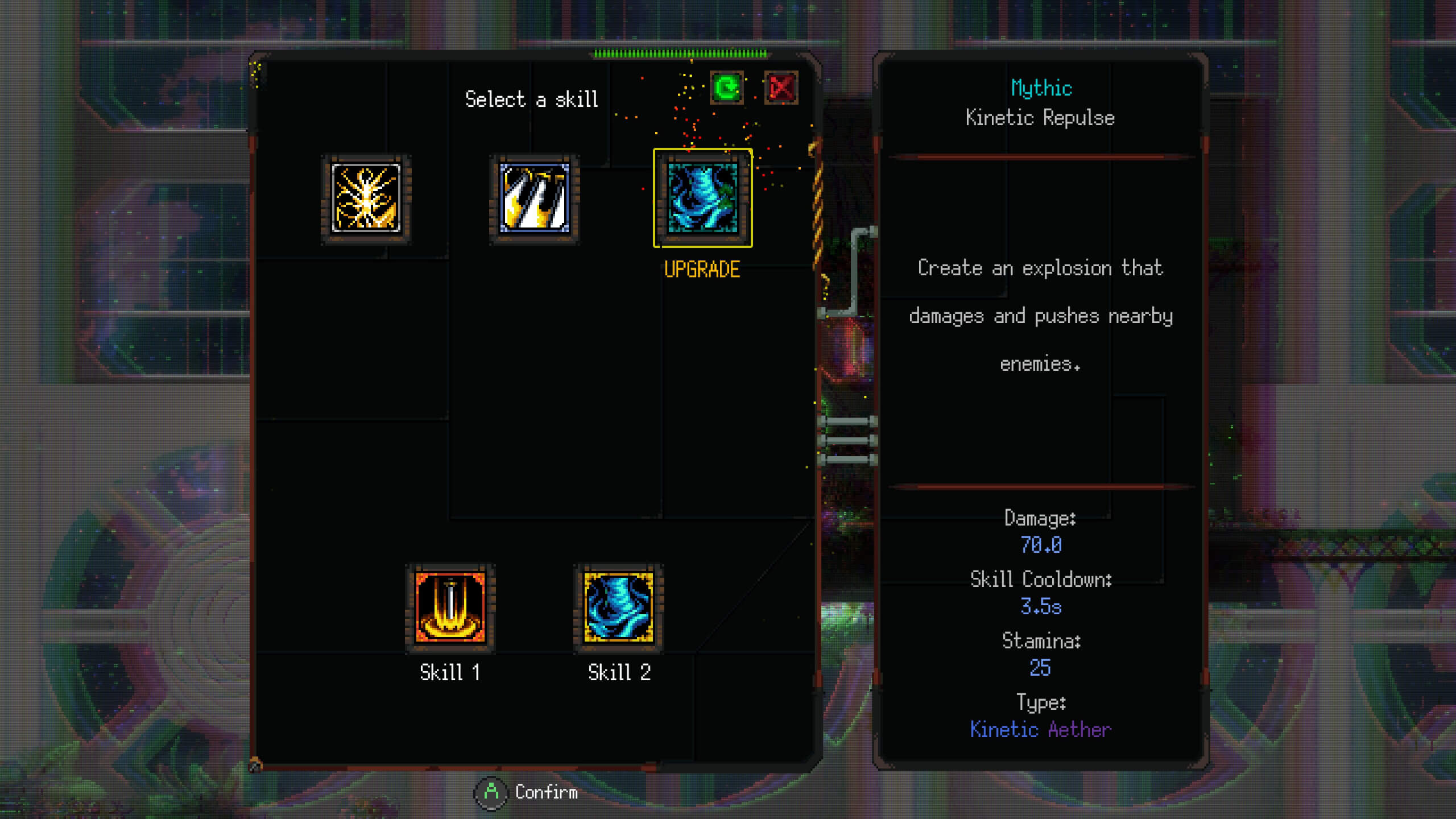 Screenshot from Katanaut. An interface displaying skill options for a game, highlighting “Kinetic Repulse” with details on damage, cooldown, and stamina.
