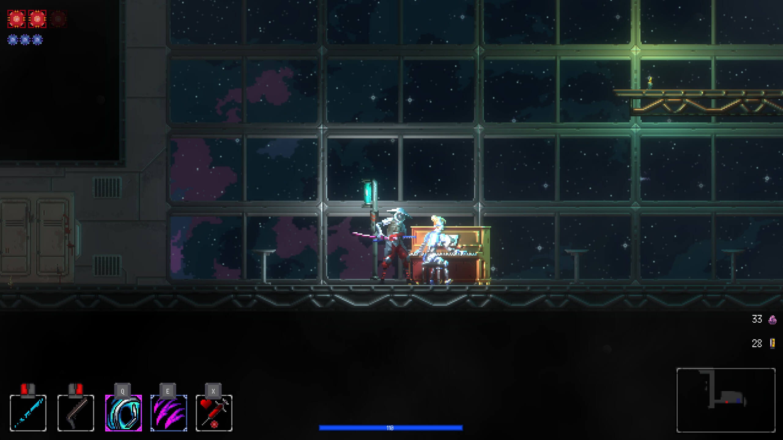 Screenshot from Katanaut. A futuristic character with a sword stands beside a cyborg at a table in a space-themed setting with starry windows.