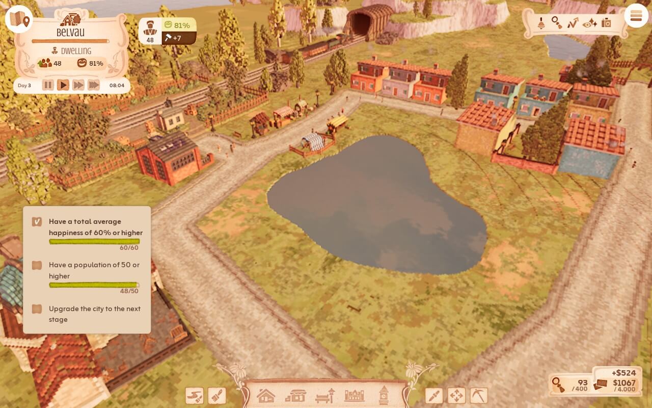 Screenshot from Town to City. A colourful town with a small lake, houses, and progress indicators for happiness and population in a simulation game interface.