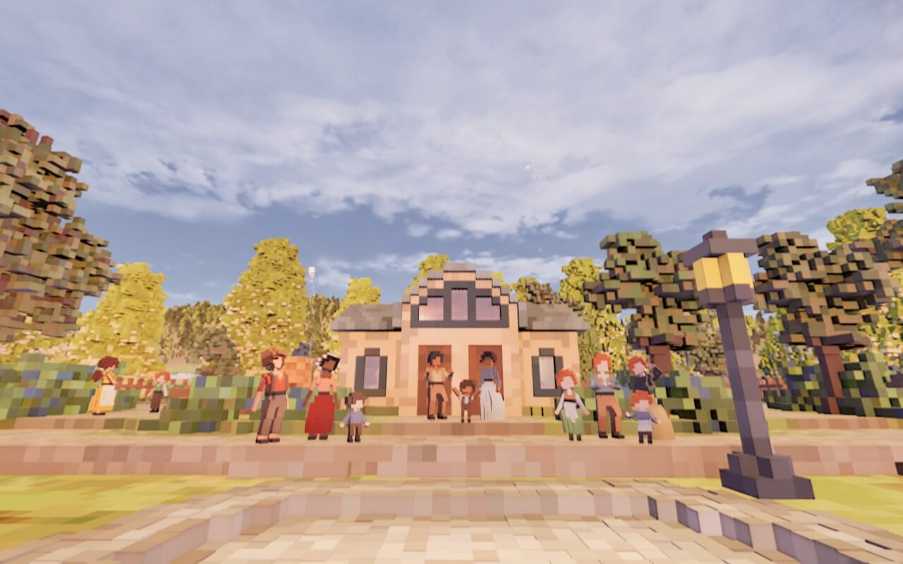 Screenshot from Town to City. A pixelated scene of diverse characters gathered outside a quaint building, surrounded by trees, with a cloudy sky above.