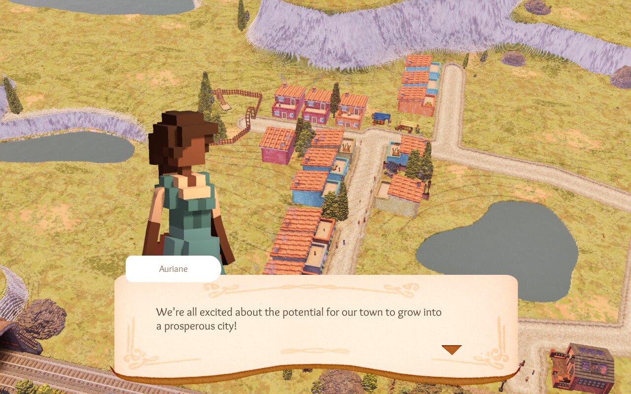 Screenshot from Town to City. A pixelated character stands above a colourful town, excited about its potential growth into a prosperous city.